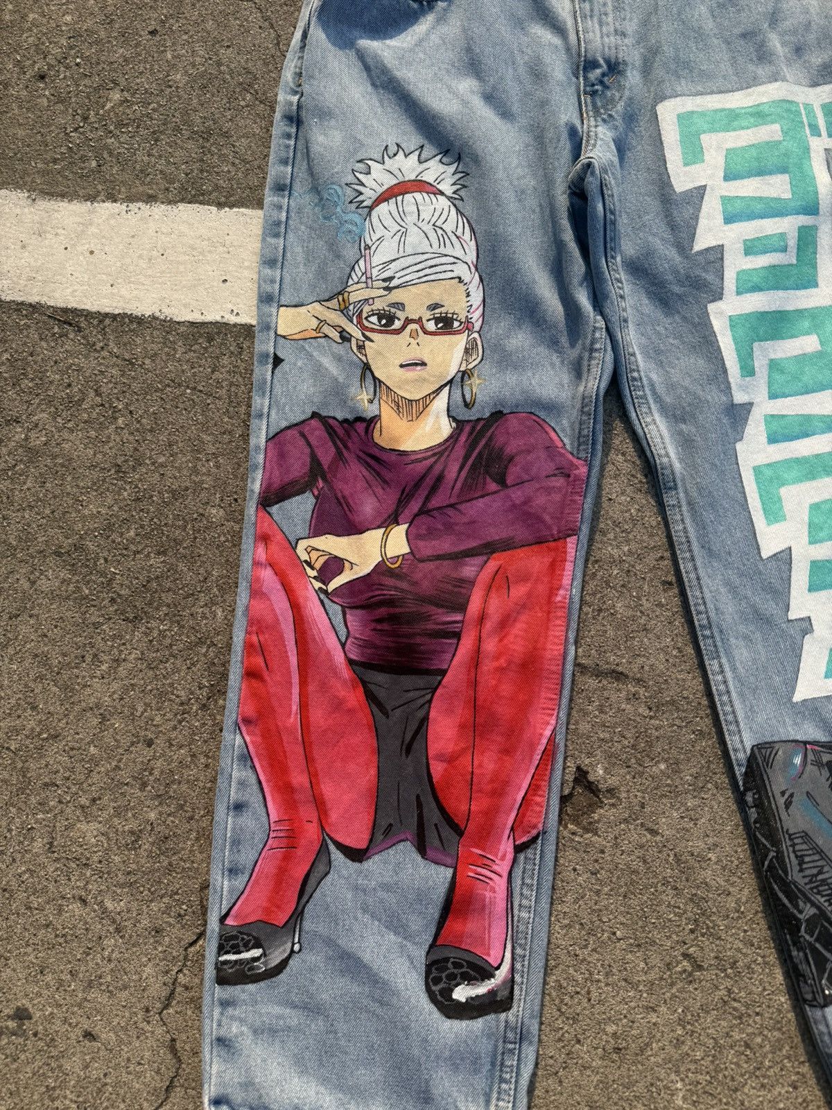 Anime Dan da dan custom hand painted jeans Size US 34 / EU 50 - 3 Thumbnail