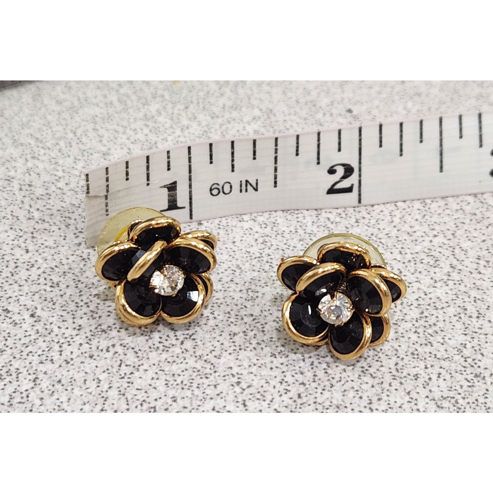 Other Black Gold Rhinestone Flower Shape Stud Earrings 1" Width Size ONE SIZE - 3 Thumbnail