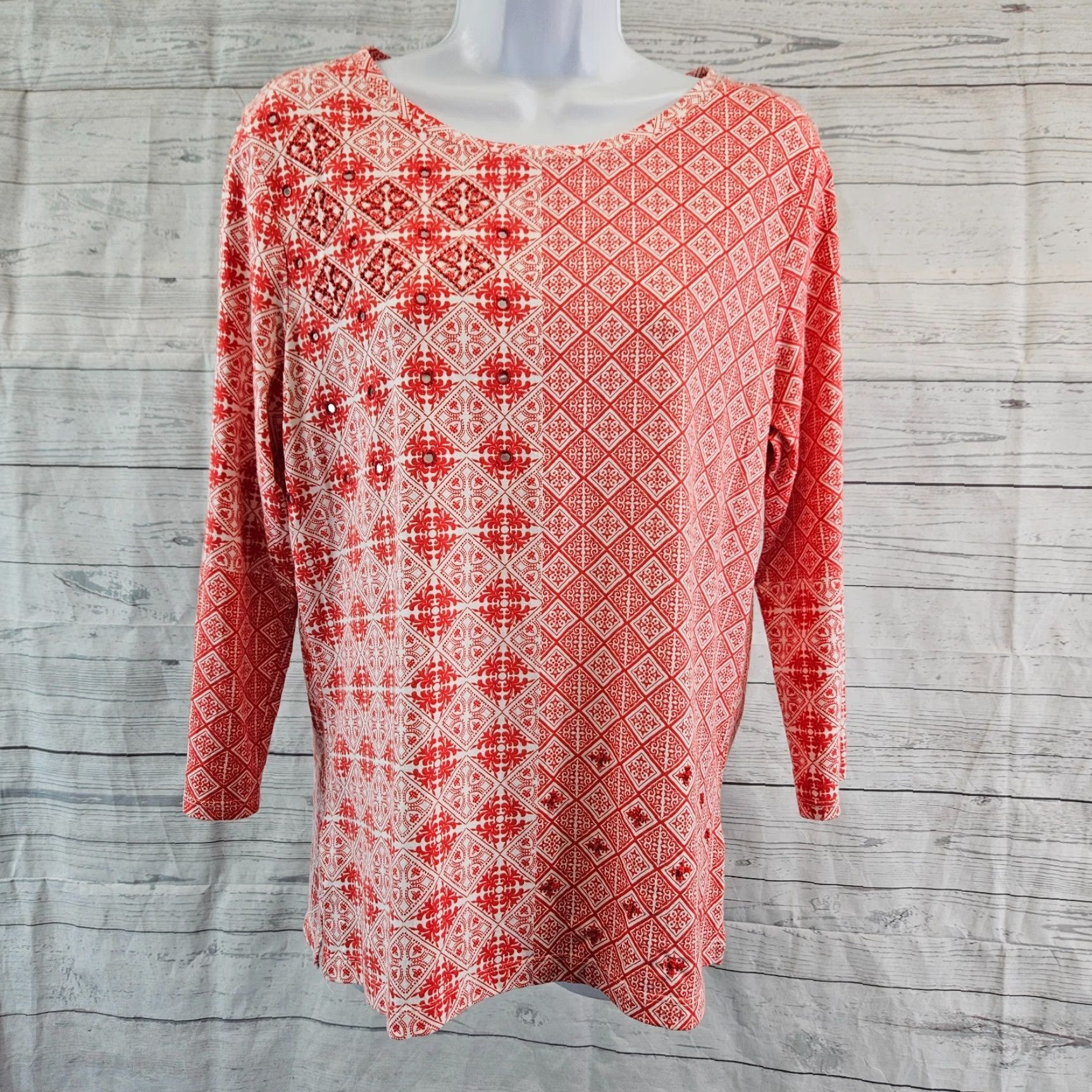 Vintage Chico's Zenergy Women Blouse Top 3/4 Sleeve Red White Embellished Medium Sized Shirt Womens Size M / US 6-8 / IT 42-44 - 2 Thumbnail