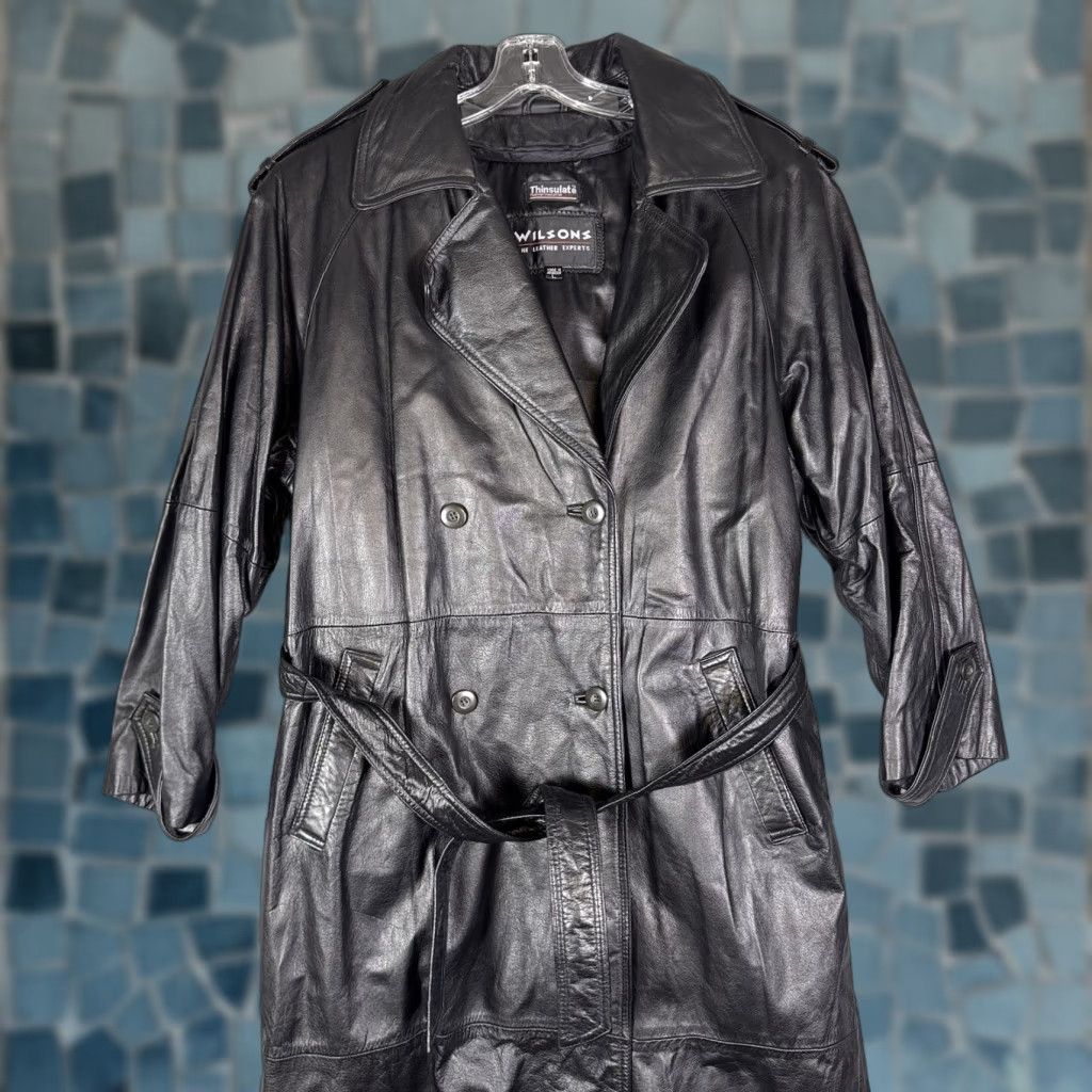 Vintage VINTAGE Wilsons Leather Jacket Womens L Belted Double Breasted Trench Coat Thinsulate Black Long Sleeve Jacket Coat Size L / US 10 / IT 46 - 1 Thumbnail