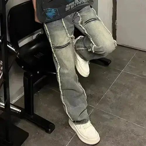 Japanese Brand VIBE Ripped tassel frayed zipper pocket cleanfit baggy jeans Size US 34 / EU 50 - 2 Thumbnail