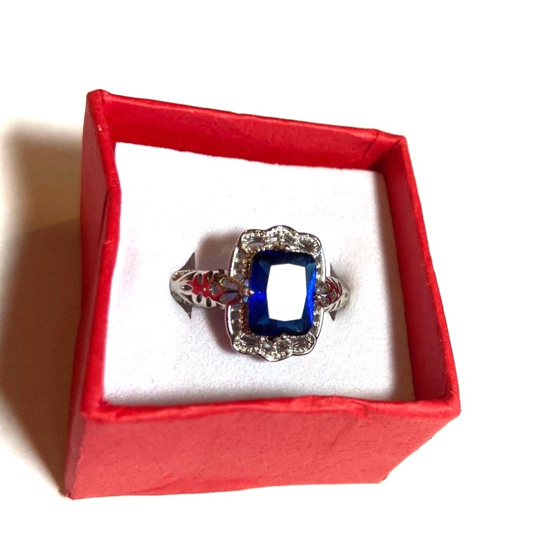 Other Silver tone Ring W/Rectangular Tested Sapphire Stone & Cryst Size ONE SIZE - 2 Thumbnail