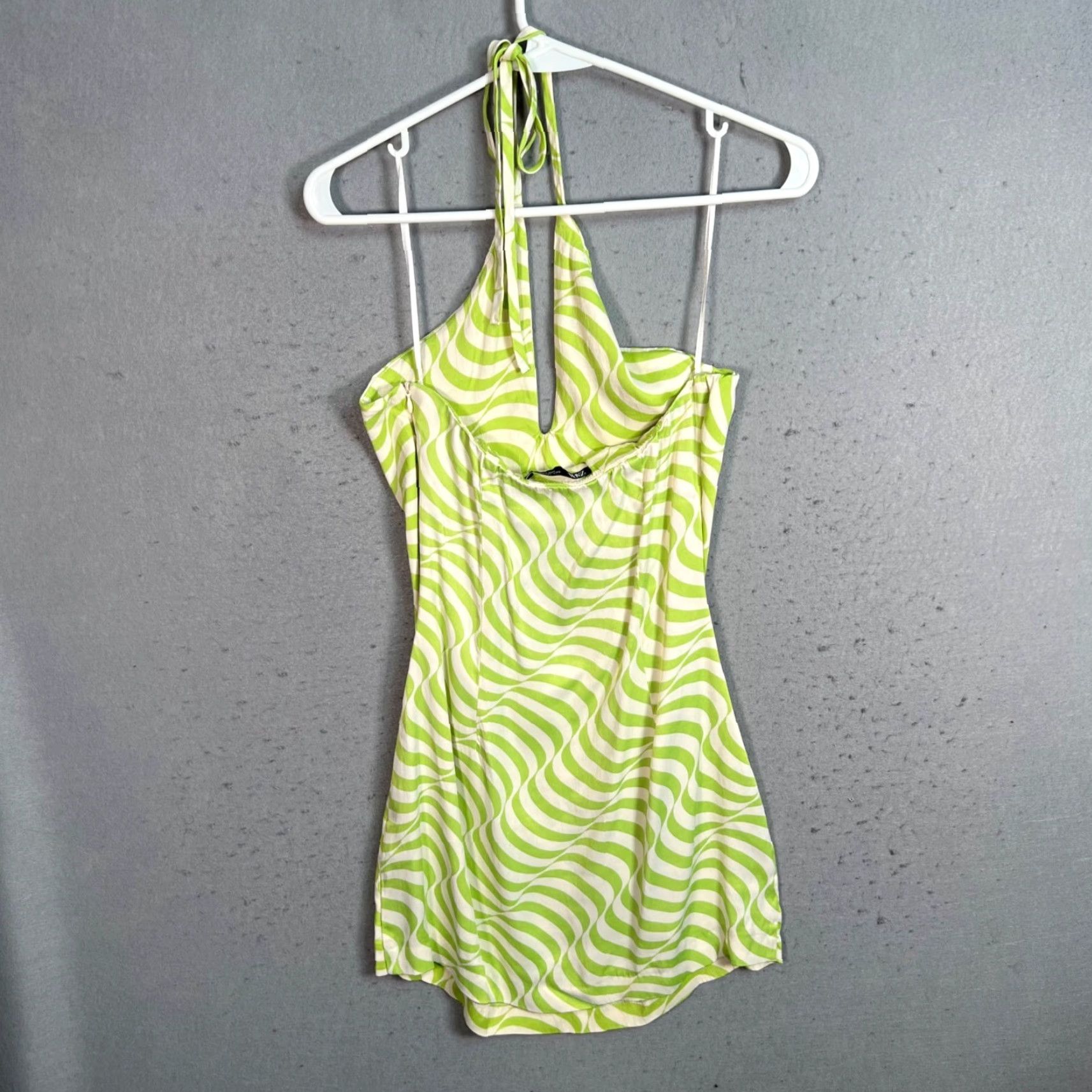 Zara VINTAGE Zara Lime Green & White Swirl Halter Mini Dress Women Small Viscose & Elastane Size S / US 4 / IT 40 - 2 Thumbnail