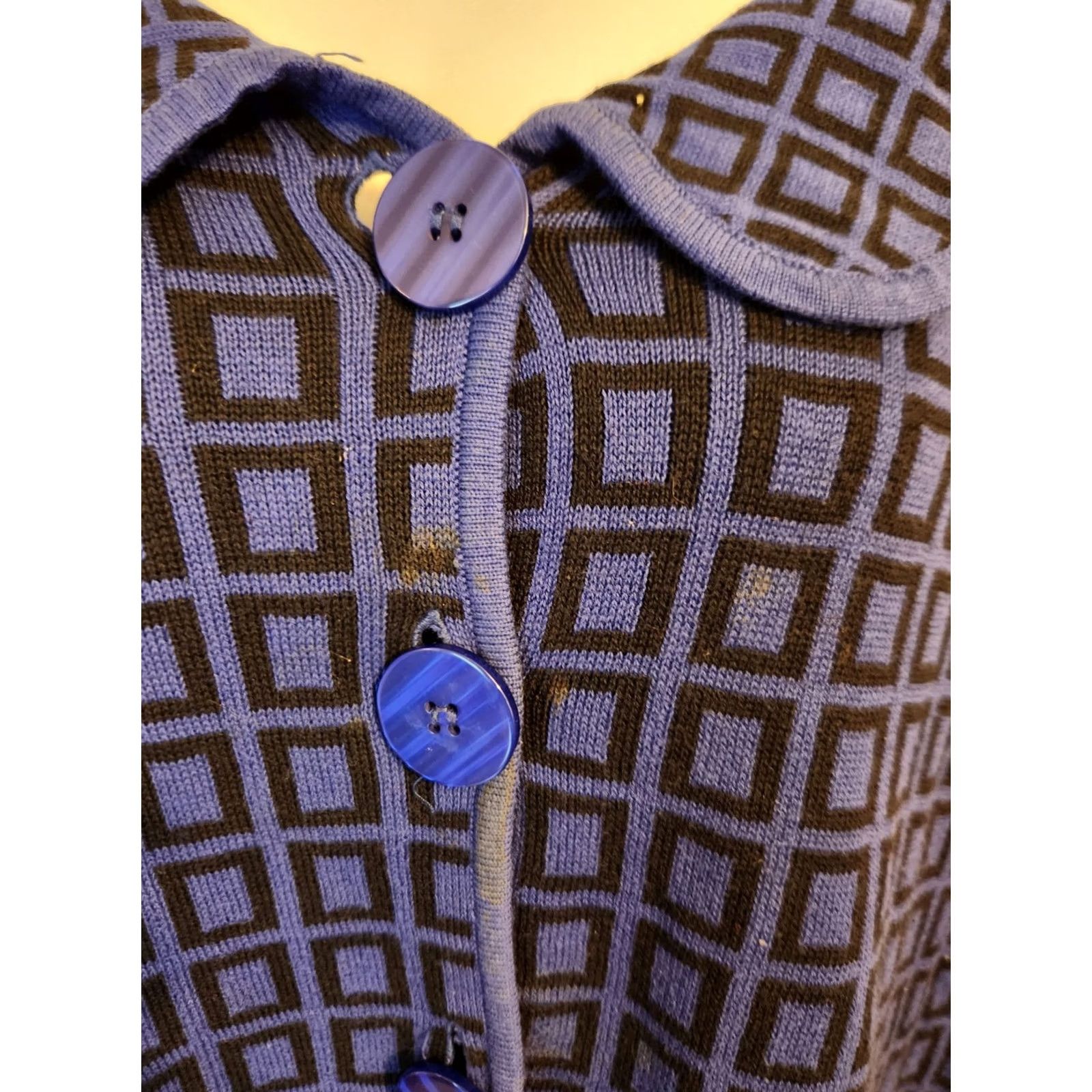 Vintage Liz & Me Platinum Collection Cardigan Indigo Royal Blue 3X Button Front Knit 100% Cotton Geometric Women Plus Size Mulit Occasion Woolless? Size XXL / US 16-18 / IT 52-54 - 3 Thumbnail