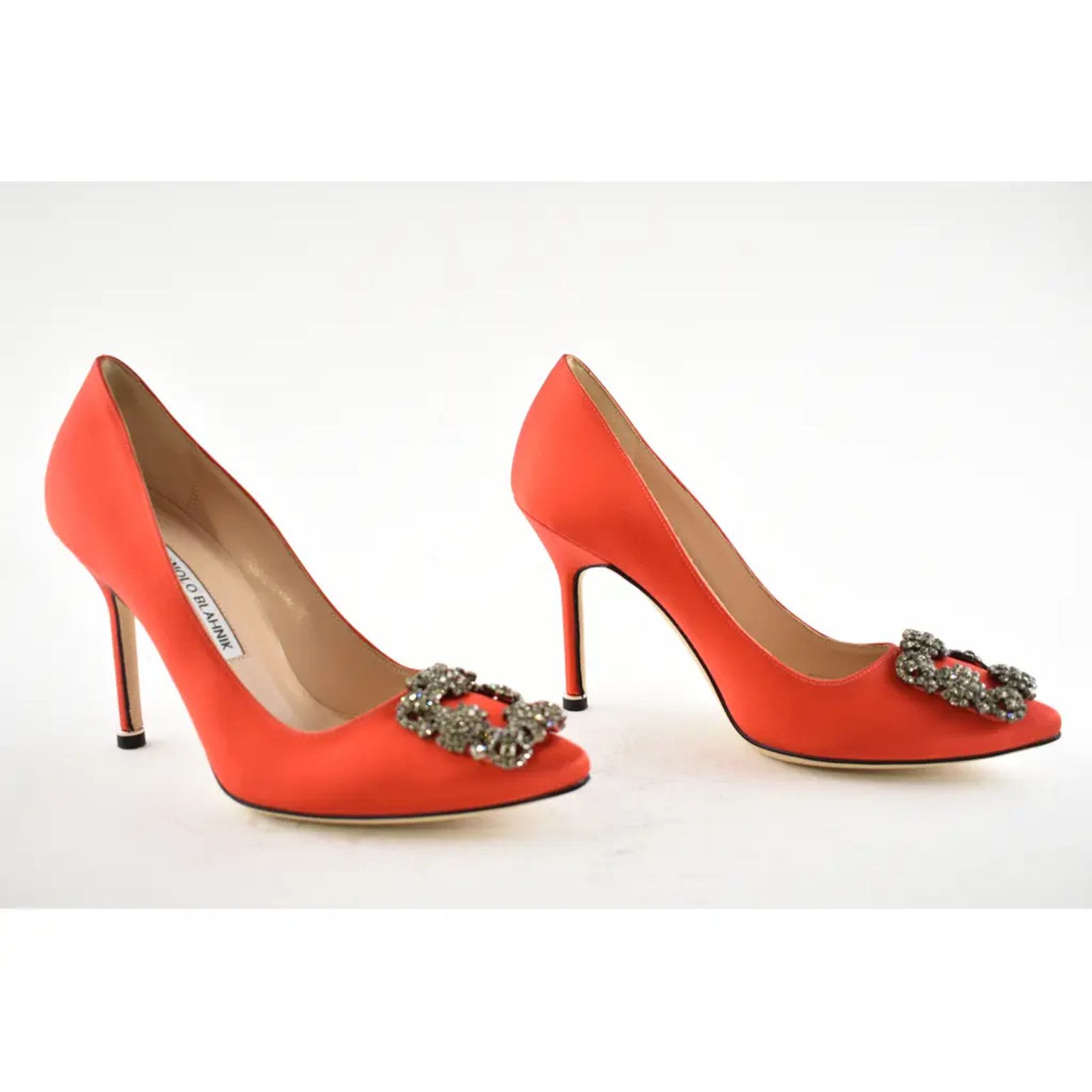 Manolo Blahnik Hangisi 105 Rosso Satin Crystal Jewel Buckle Heel Pump 36.5 Size US 6.5 / IT 36.5 - 4 Thumbnail