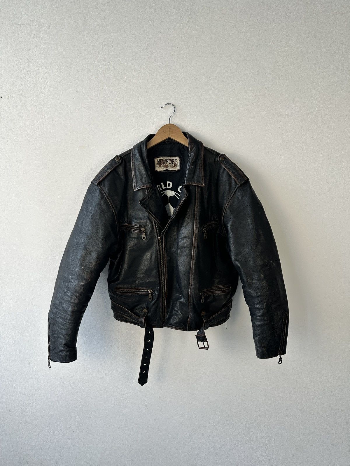 RARE Newport World Cup 1994 Leather Biker Jacket Distressed