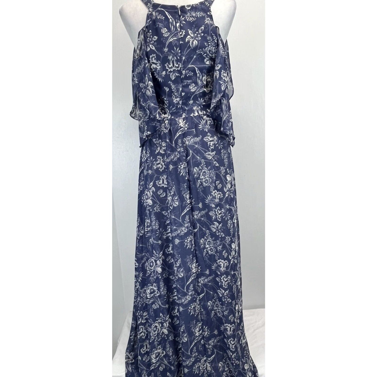 Lulus Lulus Maxi Dress Floral Denim Blue Off-Shoulder Long Sleeve V-Neck Zip Empire Waist Summer Party/Cocktail Women Sz S Size S / US 4 / IT 40 - 3 Thumbnail