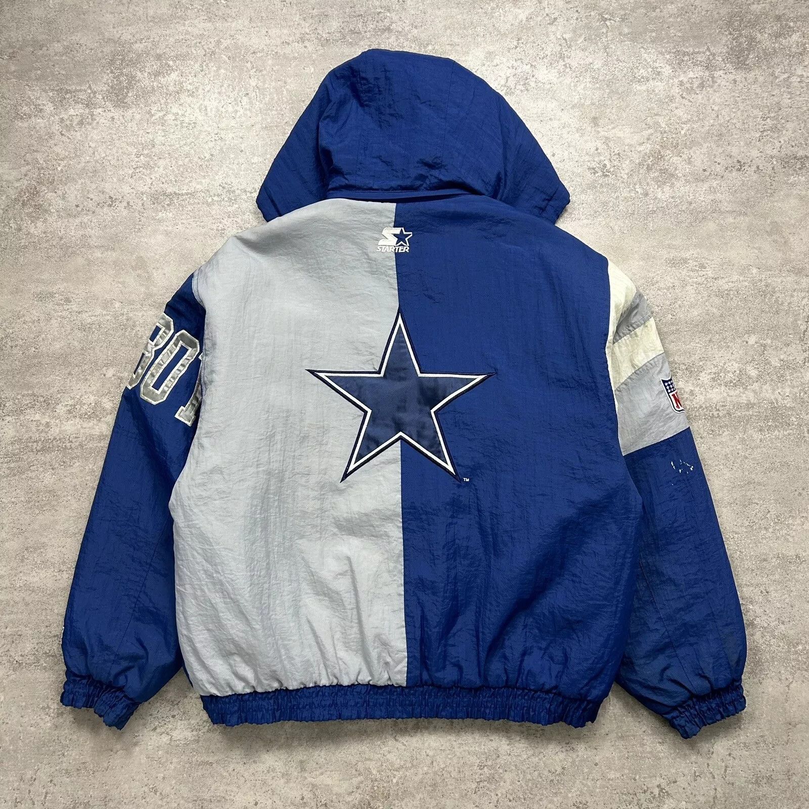 DALLAS COWBOYS STARTER PUFFER JACKET HOODIE SIZE L BLUE