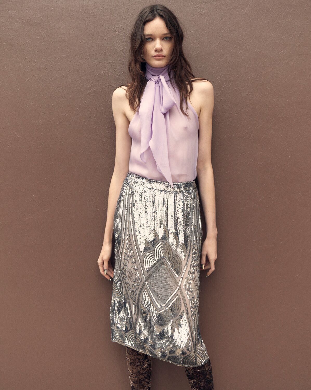 Saint Laurent Paris o1s1wg111124 Midi Skirt in Embroidered Silk Tulle in Silver Size 26" / US 2 / IT 38 - 3 Thumbnail