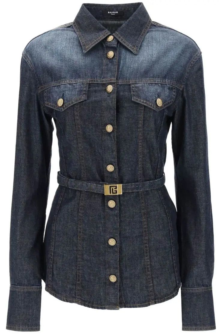 image of Balmain O1S22I1N0424 Belted Denim Shirt In Blue, Women's (Size Small)