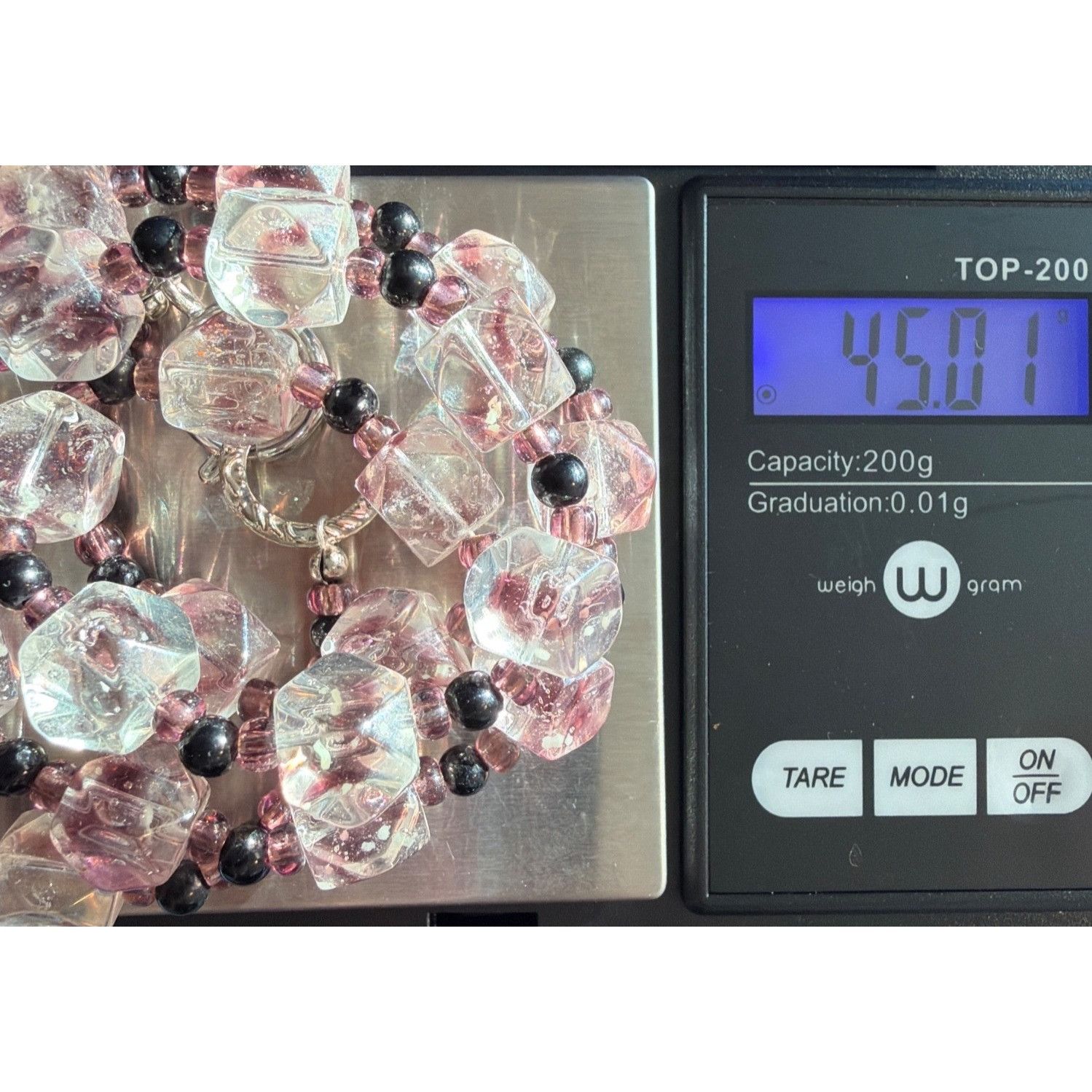 Other Vintage Glass Bead Necklace Clear Pink Black Cubed Silver To Size ONE SIZE - 6 Thumbnail