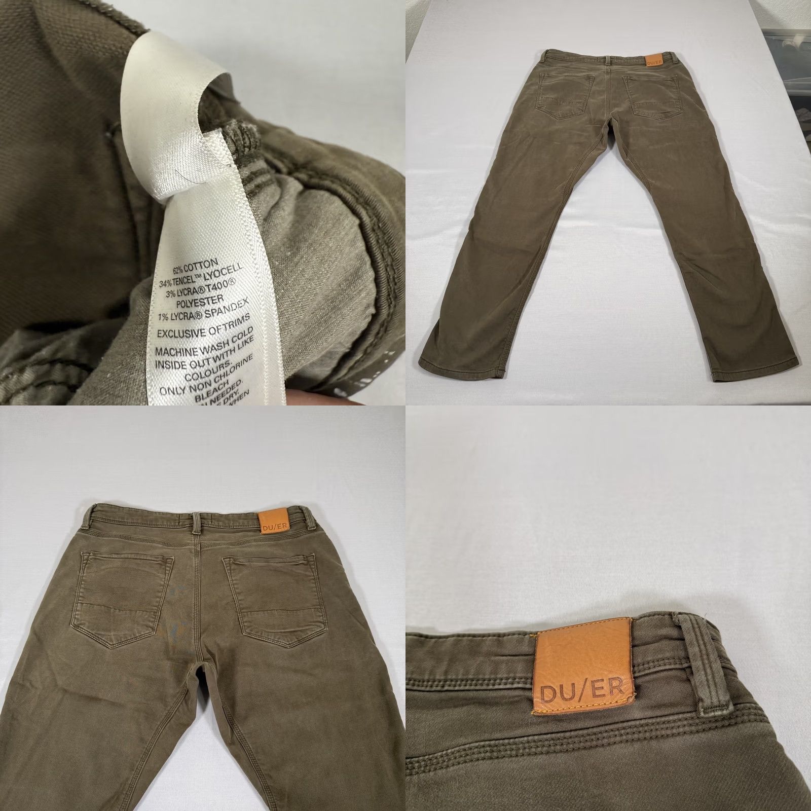 Vintage DU/ER Slim Fit Chino Pants 5-Pocket Casual Travel Green 36x30 Mens Tapered Denim Pattern Solid Zip Fly Front Flat Front Stretch Size US 36 / EU 52 - 9 Thumbnail