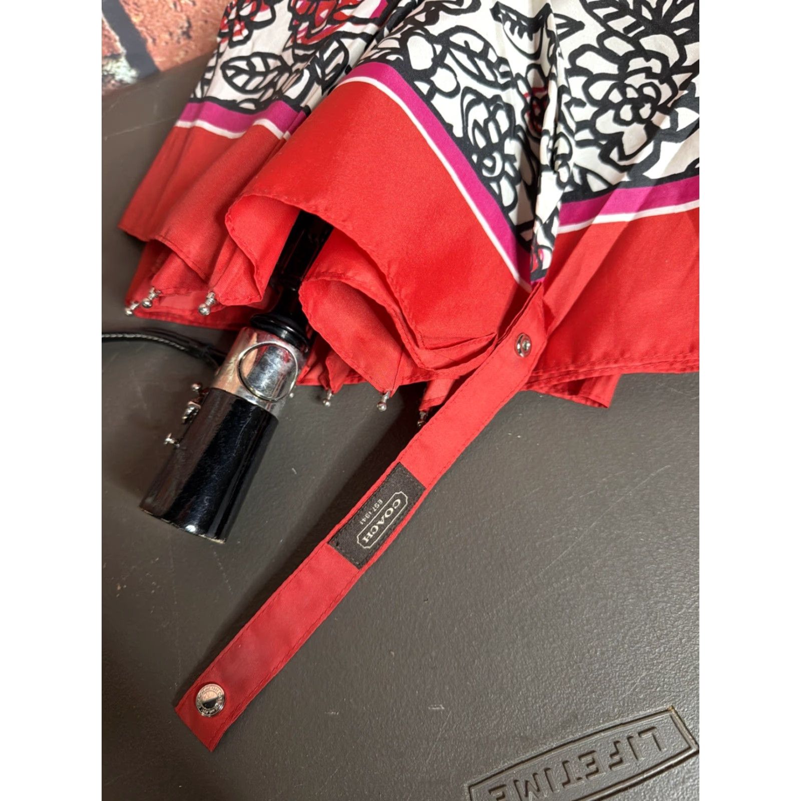 Coach Coach Umbrella Women One Size Red Floral Automatic Bow Compact Folding Style Size ONE SIZE - 2 Thumbnail