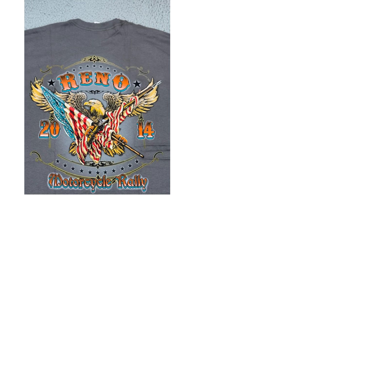 Gildan Mens XL Gray T Shirt Double Side Graphic Eagle Reno Motorcycle Rally 2014 Y2K Size US XL / EU 56 / 4 - 9 Thumbnail