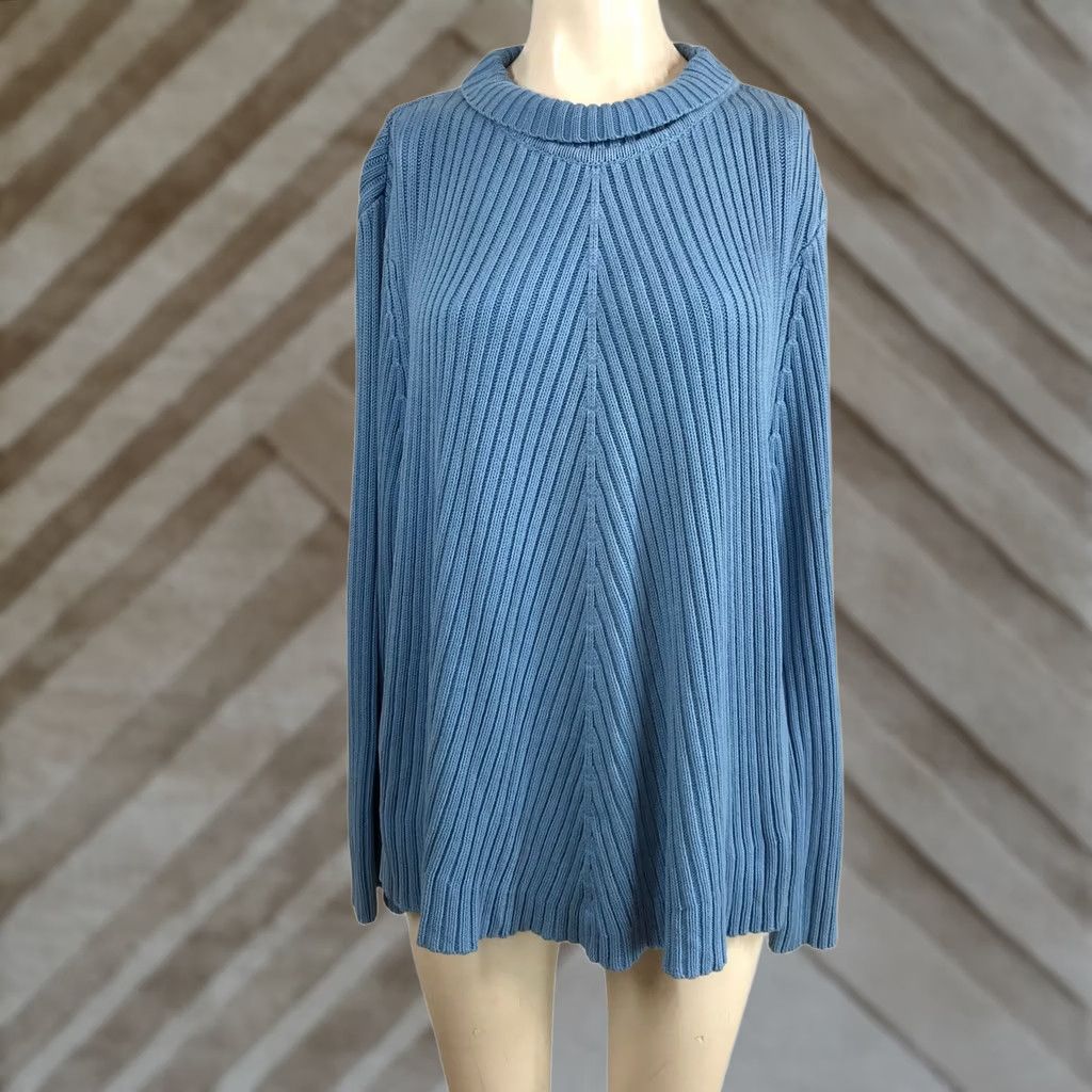 Vintage Relativity Woman Blue Ribbed Mock Neck Cotton Pullover Sweater Plus Size 2X Size XXL / US 16-18 / IT 52-54 - 1 Thumbnail