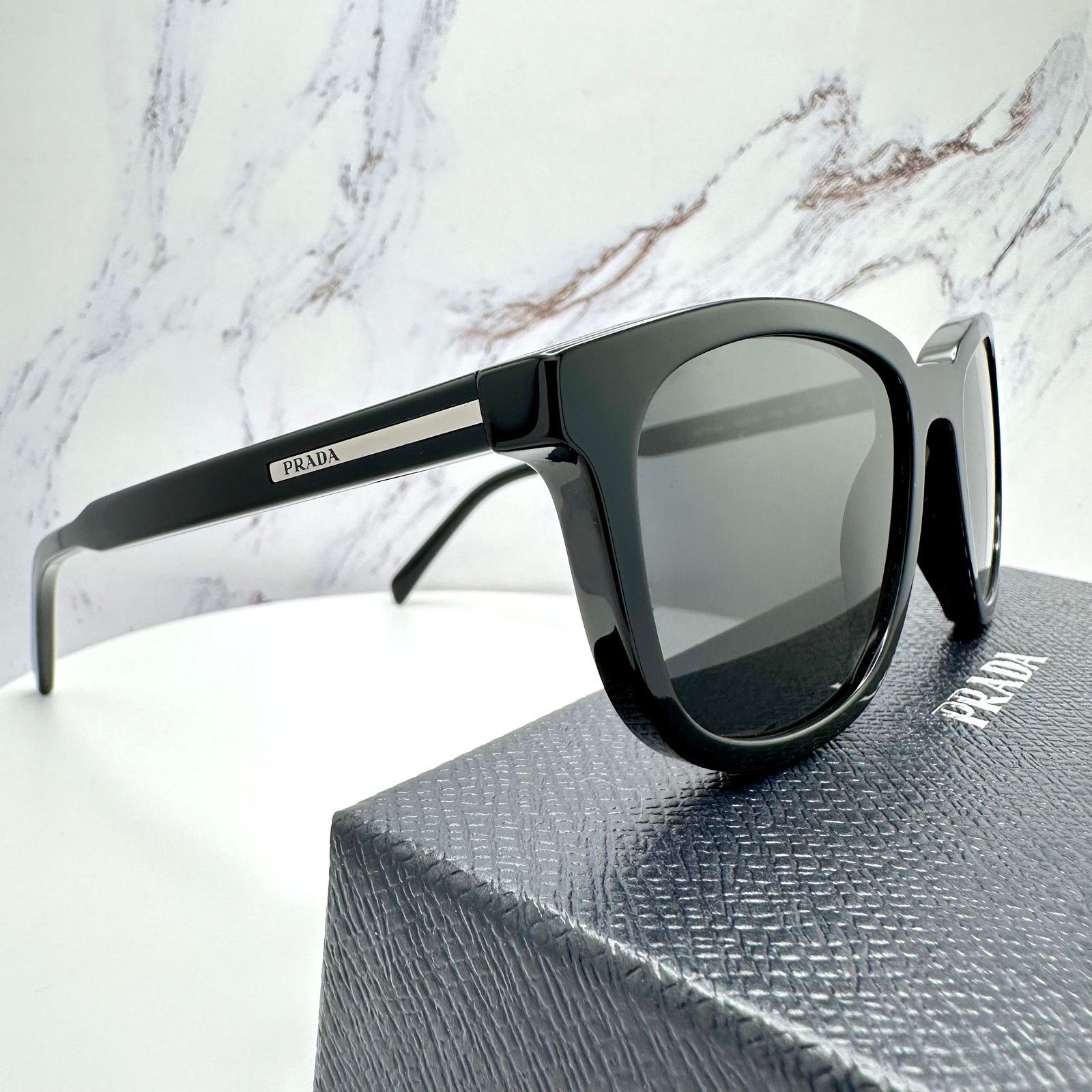 New PRADA Sunglasses Black Acetate Square Silver Metal Logo