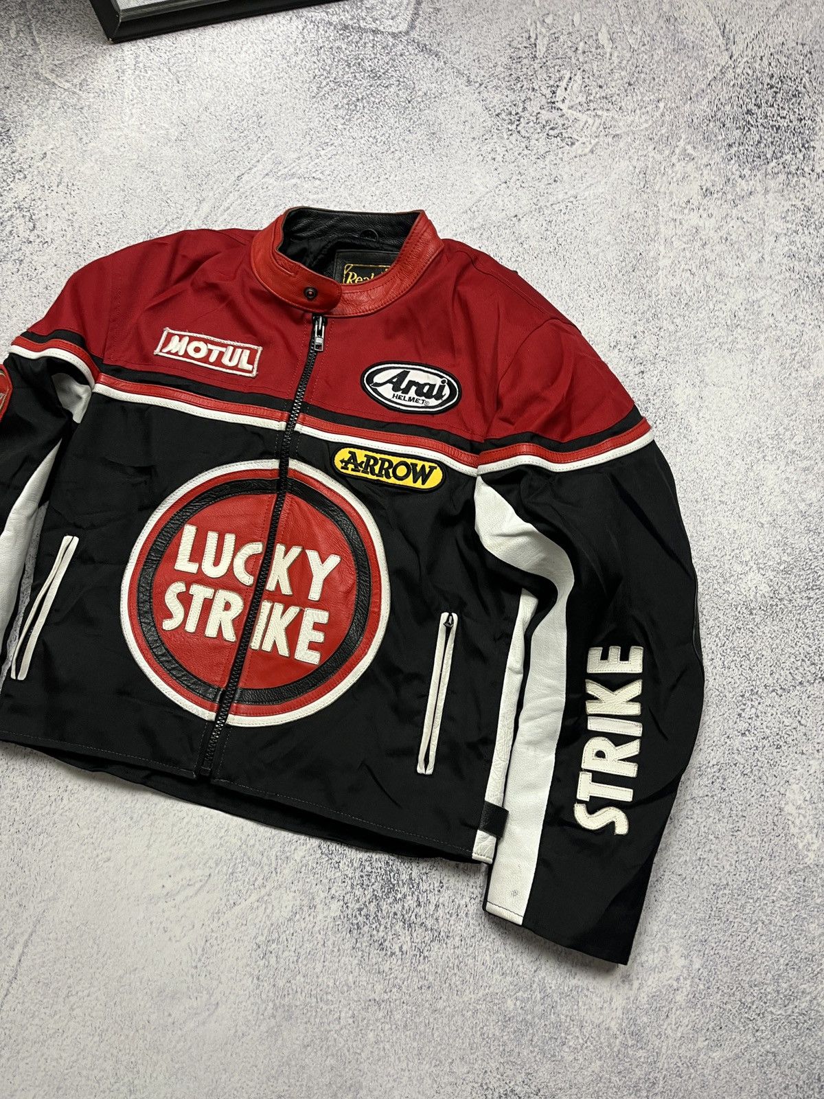 Vintage Crazy Lucky Strike Leather Elements Racing Jacket Moto Rare🔥 Size XS / US 0-2 / IT 36-38 - 4 Thumbnail