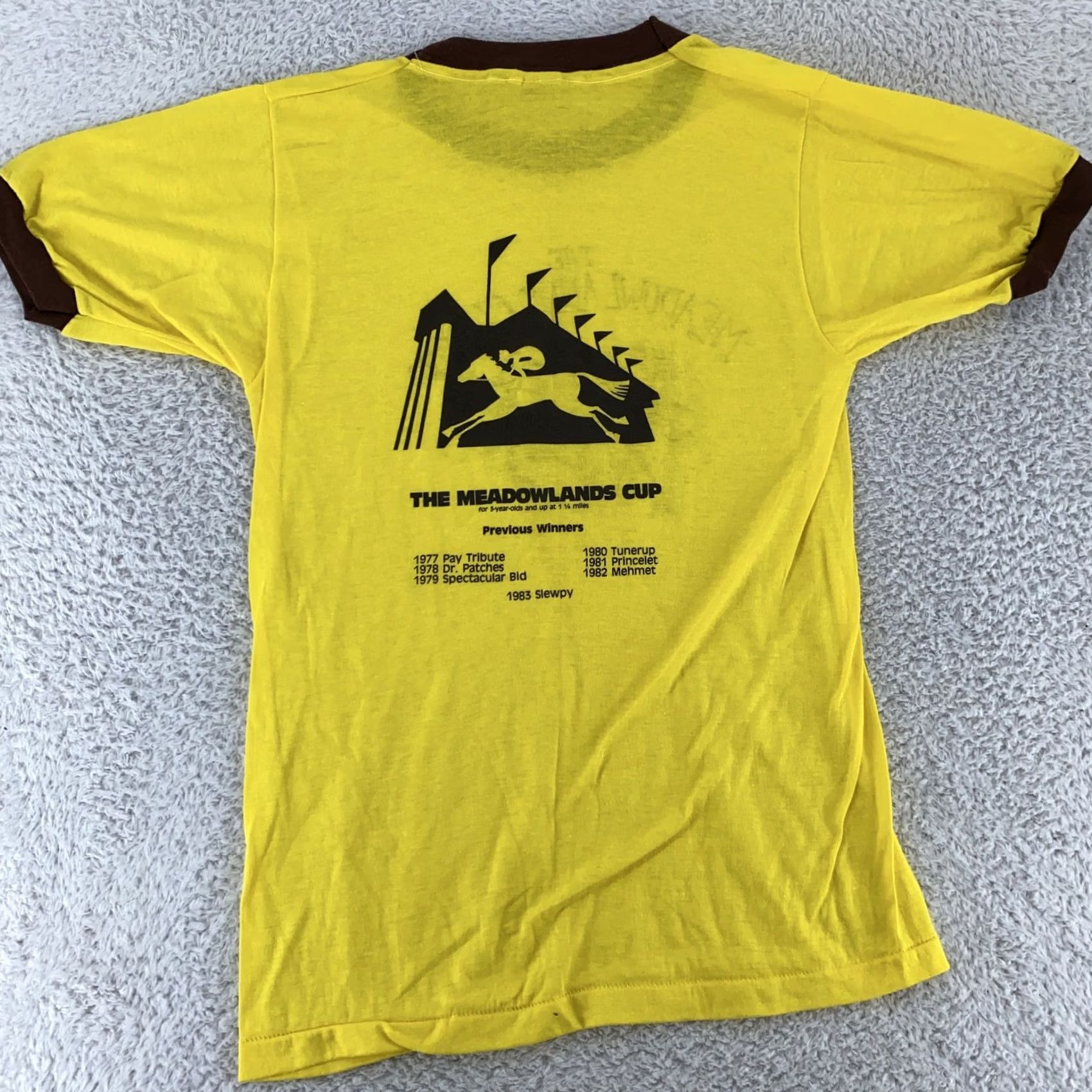 Vintage VINTAGE Meadowlands Cup Shirt XXS Yellow Brown Ringer Horse Racing Event 80s Mens Screen Stars Size US XXS / EU 40 - 6 Thumbnail