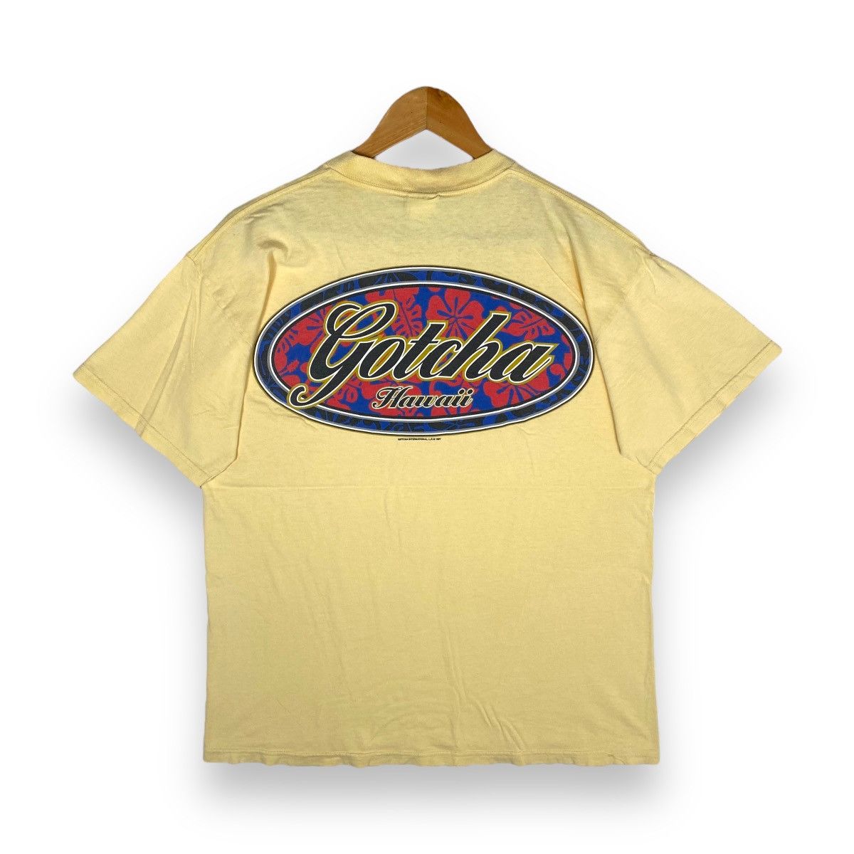 image of Vintage 1997 Gotcha Hawaii Logo Surfing Tee in Yellow, Men's (Size Medium)