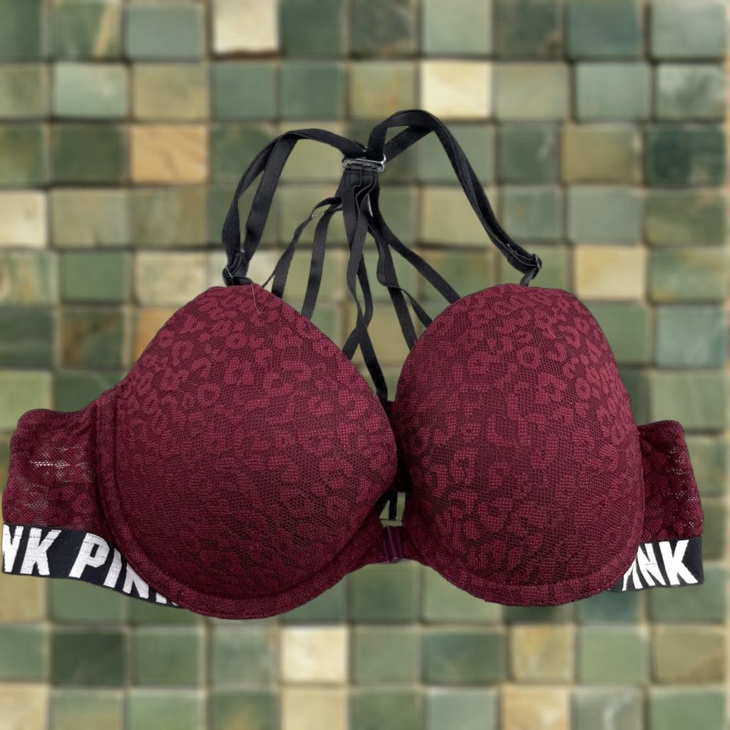 Victoria's Secret VINTAGE Victoria's Secret Sport Push Up Bra Womens 34B Burgundy Floral Lace Underwire Size ONE SIZE - 1 Thumbnail