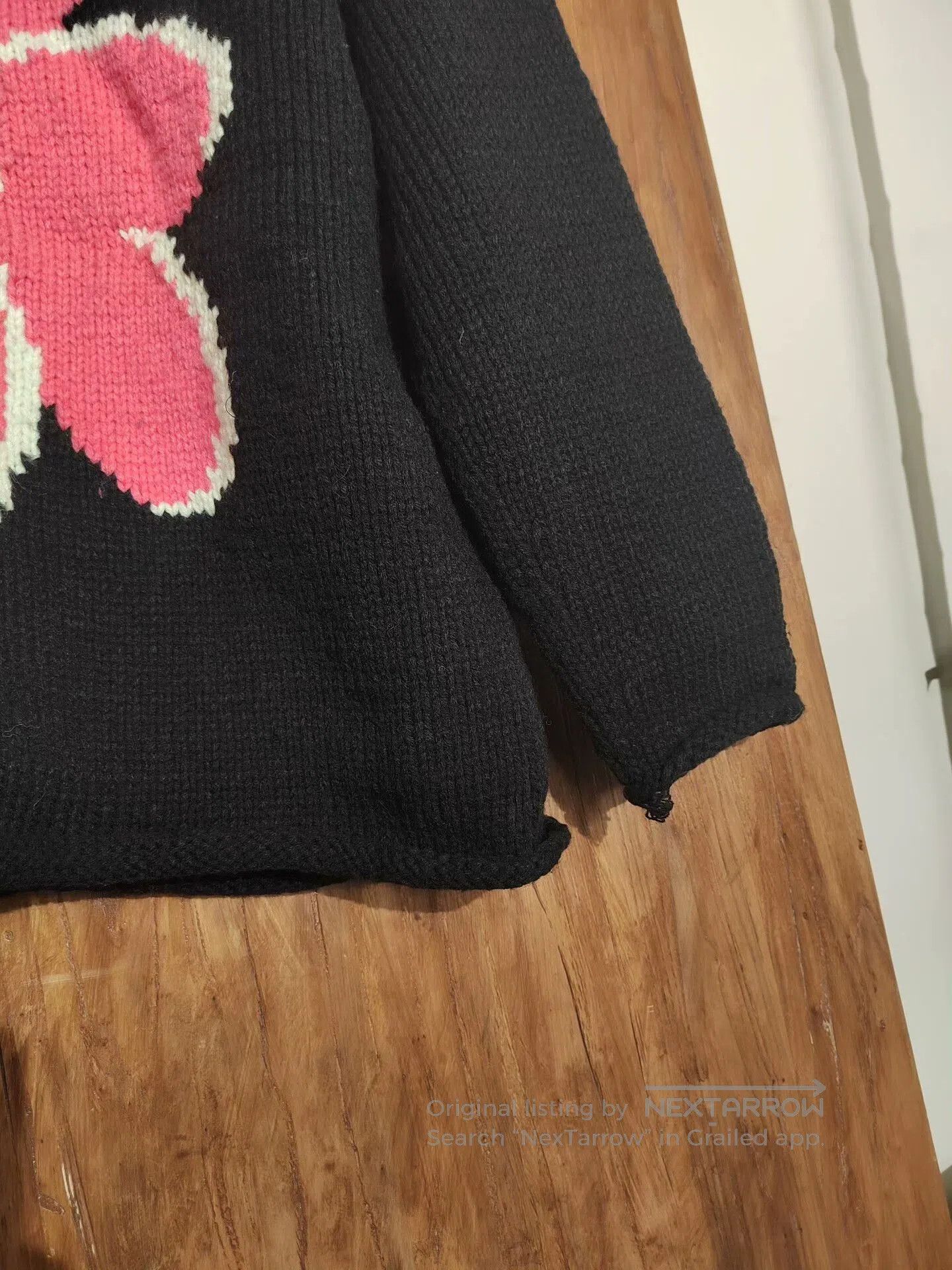Japanese Brand Black Hand-Knitted Sweater with Pink Floral Design. Size L / US 10 / IT 46 - 5 Thumbnail