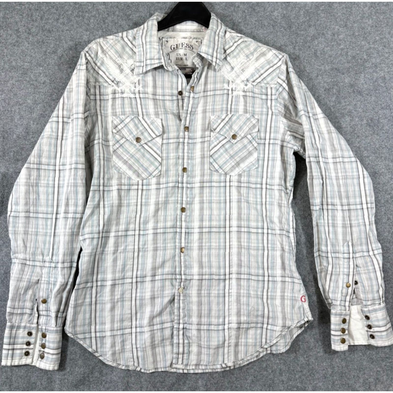 Guess Guess Western Shirt Mens M Gray Plaid Embroidered Snap Front Long Sleeve Cowboy Flap Pockets Size US M / EU 48-50 / 2 - 2 Thumbnail