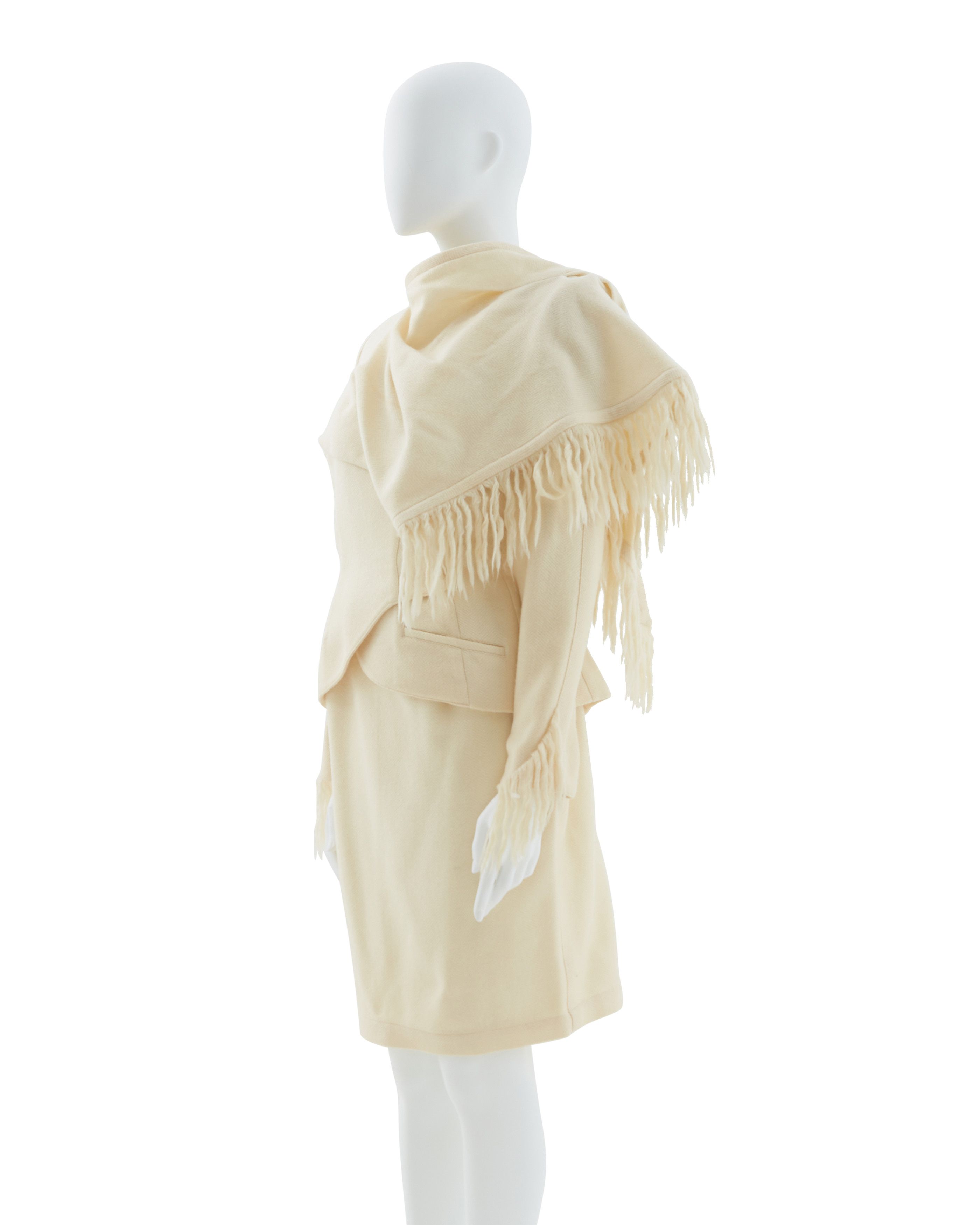 Thierry Mugler Off-white mohair fringe scarf collar jacket and skirt suit Size M / US 6-8 / IT 42-44 - 2 Thumbnail