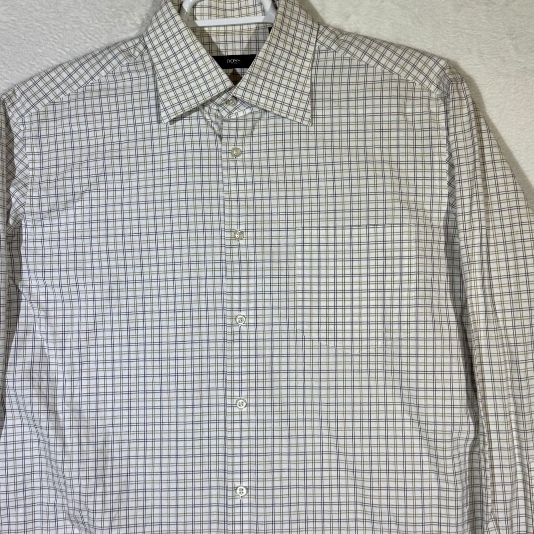 Hugo Boss VINTAGE: Hugo Boss Shirt 100% Cotton White Gray Plaid Dress Shirt Long Sleeve 17 Neck/34-35 Sleeve Mens Size 34R - 4 Thumbnail