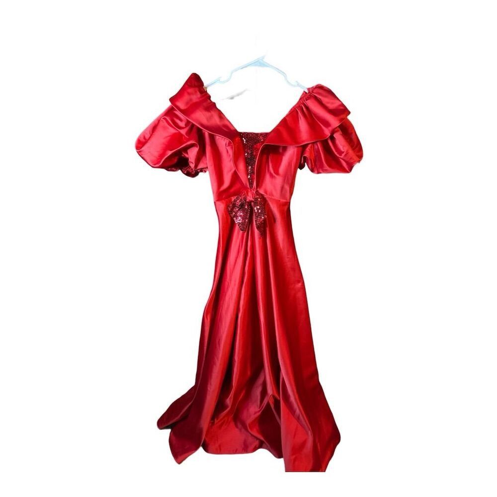 Vintage Alyce Designs Vintage 80s Red Satin Puff Sleeve Sequin Bow Size M / US 6-8 / IT 42-44 - 5 Thumbnail