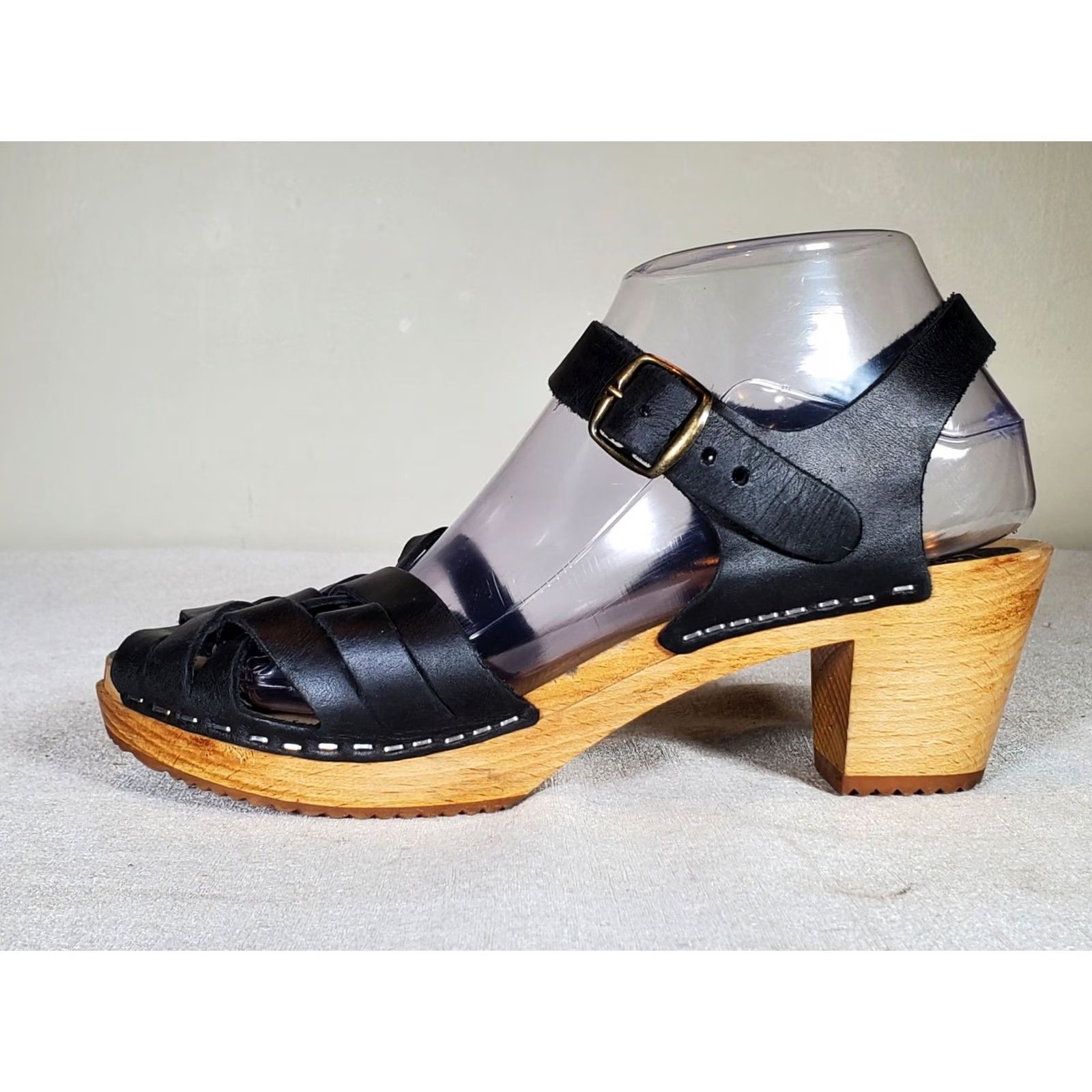 Vintage Moheda Betty Black Leather Classic Swedish Wooden Clog Sandals Women's US 8.5 EU 39 Size US 9 / IT 39 - 5 Thumbnail
