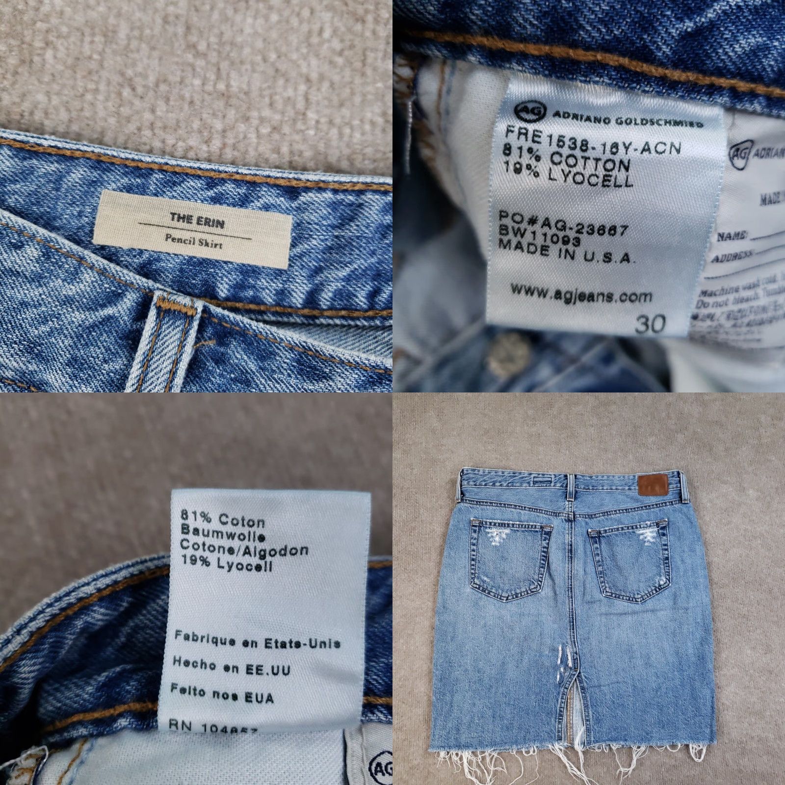 Denime AG Adriano Goldschmied Erin Pencil Skirt Womens 30 Blue Denim Distressed Frayed Knee Length Zip Button Pockets Slit Cadence Retro Grunge Casual Womens Size 30" / US 8 / IT 44 - 8 Thumbnail