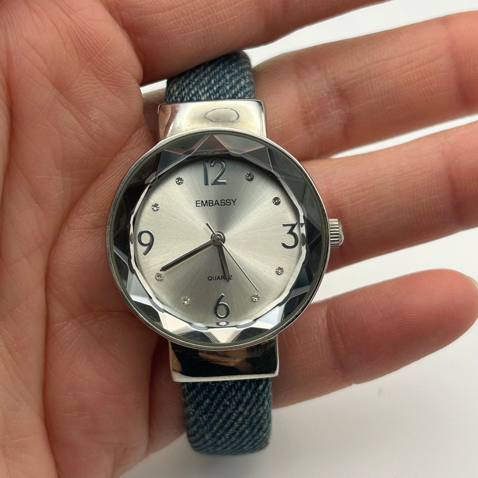 Other Vintage Embassy Watch Faceted Crystal Bezel BlueDenim Strap Size ONE SIZE - 7 Thumbnail