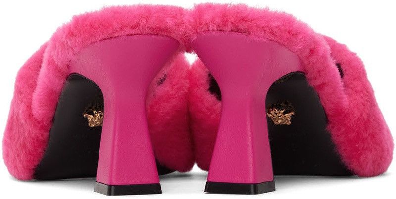 Versace Versace Pink Shearling 'La Medusa' Heeled Sandals Size US 8 / IT 38 - 3 Thumbnail