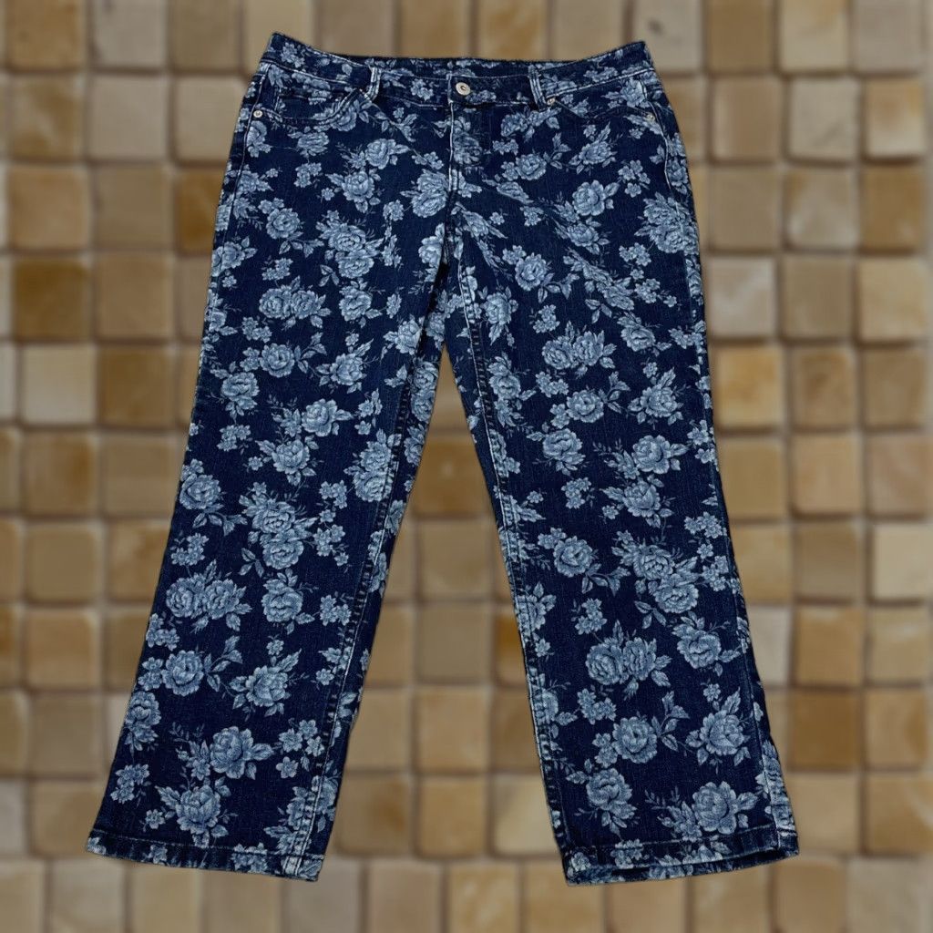 Liz Claiborne VINTAGE Liz Claiborne Women’s Petite 14P Blue Floral Print Straight Jeans Pants Size 36" / US 14 / IT 50 - 1 Thumbnail