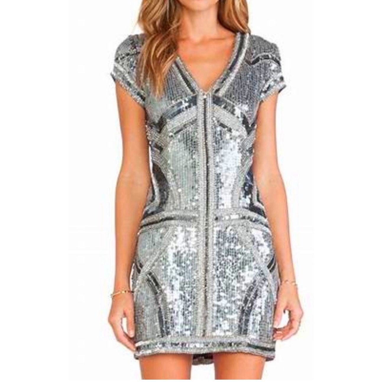 Parker Parker Silver Rose Gold Sequin Aztec VNeck Mini Dress S Size S / US 4 / IT 40 - 1 Thumbnail