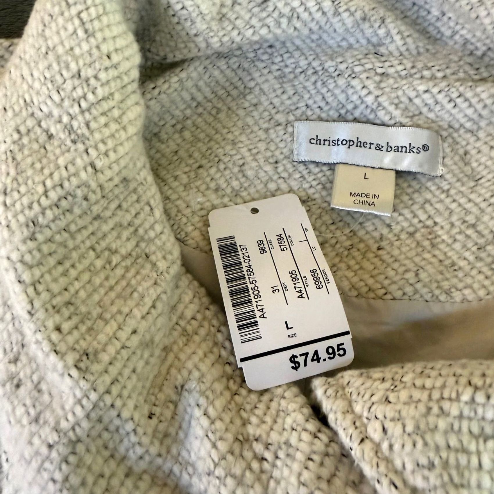 Vintage Christopher & Banks Textured Knit Zip Front Jacket White Womens Large NWT Gray/White Skin? Size L / US 10 / IT 46 - 4 Thumbnail