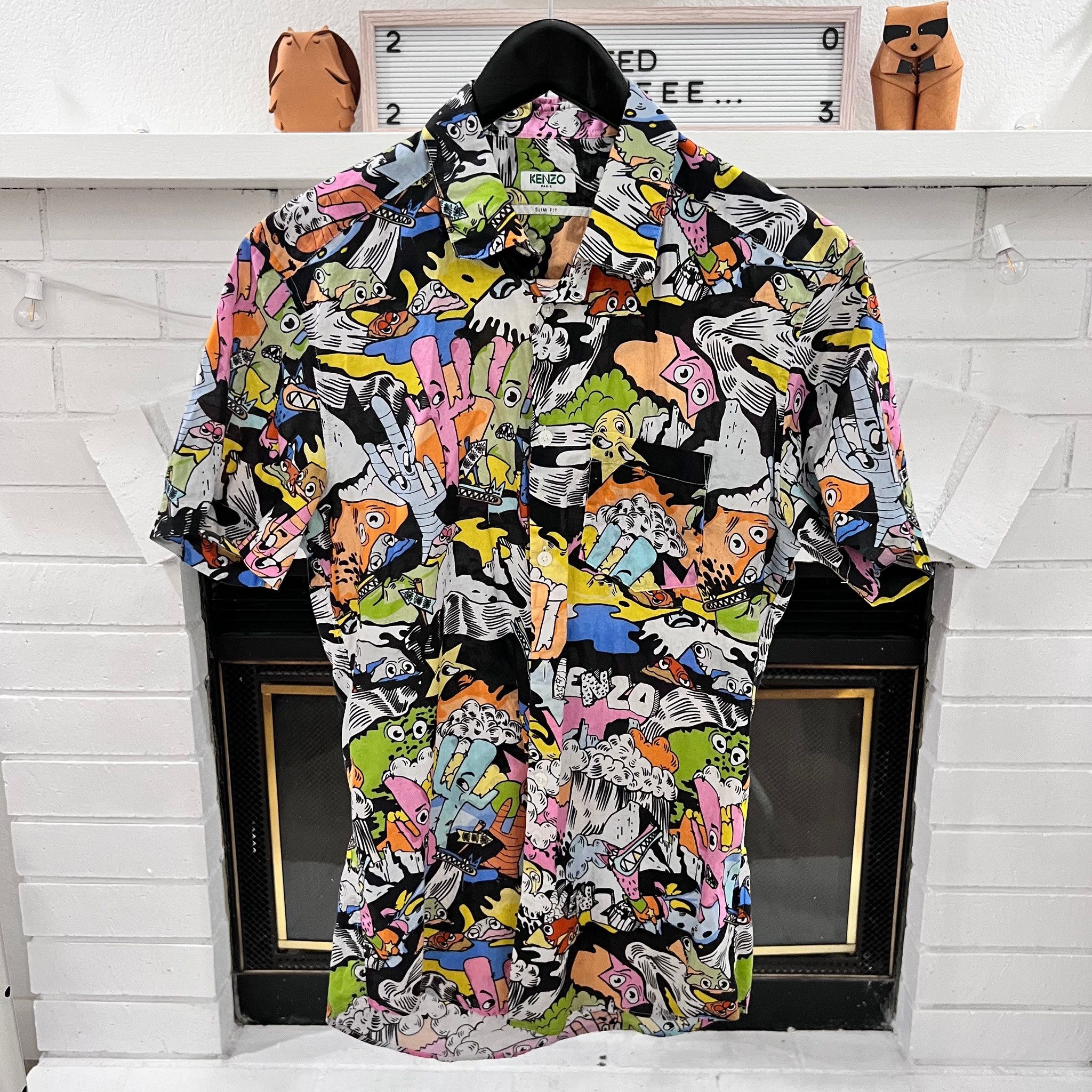 image of Kenzo Comic Logo Cartoon Short Sleeve Button Up Shirt, Men's (Size Small)