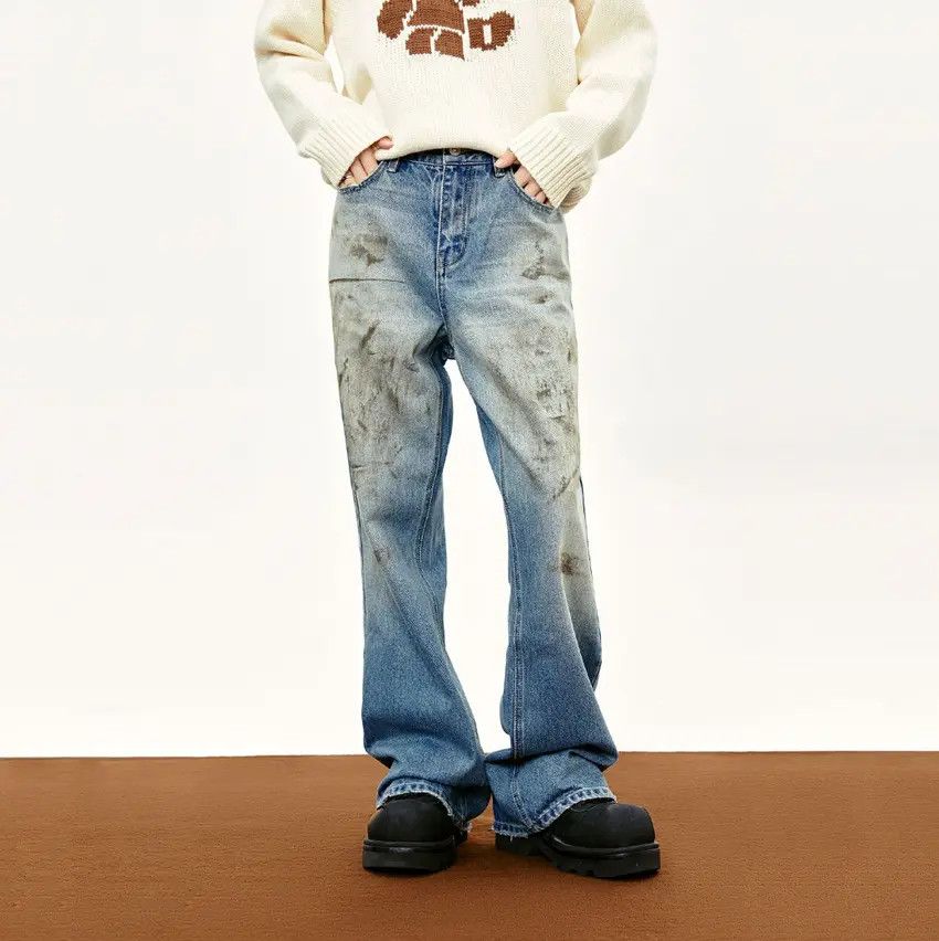 Designer × Japanese Brand Street mud-dyed washed distressed straight-leg jeans Size US 32 / EU 48 - 2 Thumbnail