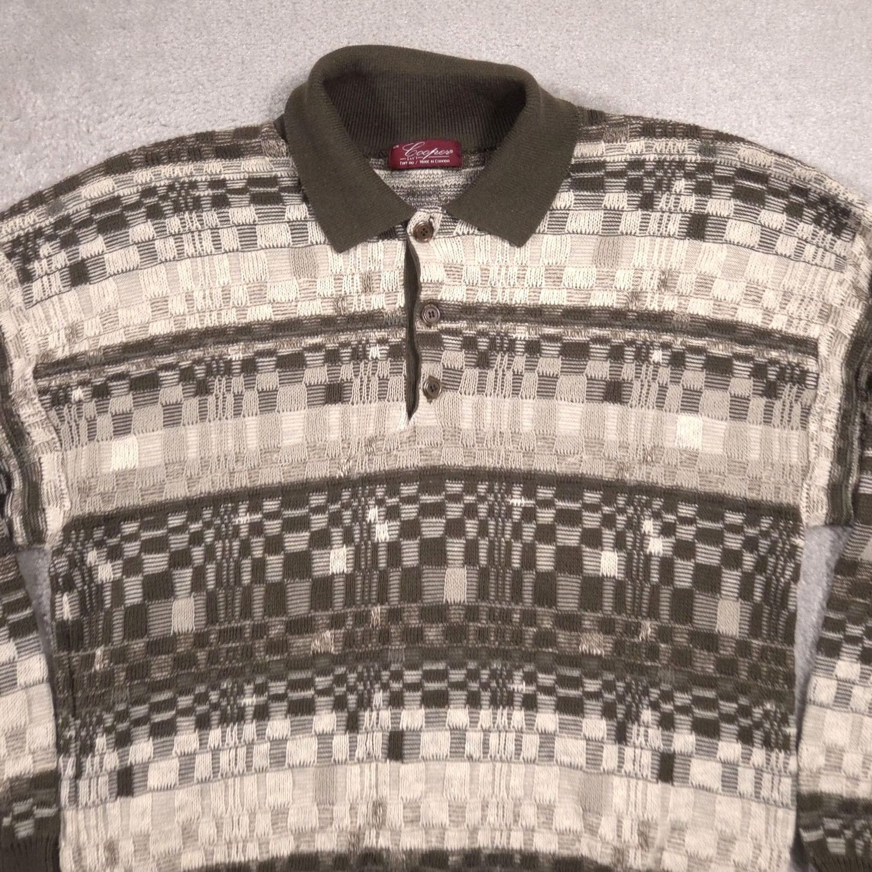 Vintage Cooper Mens Medium Green Geometric Polo Collar Henley Knit Pullover Sweater Size US M / EU 48-50 / 2 - 3 Thumbnail