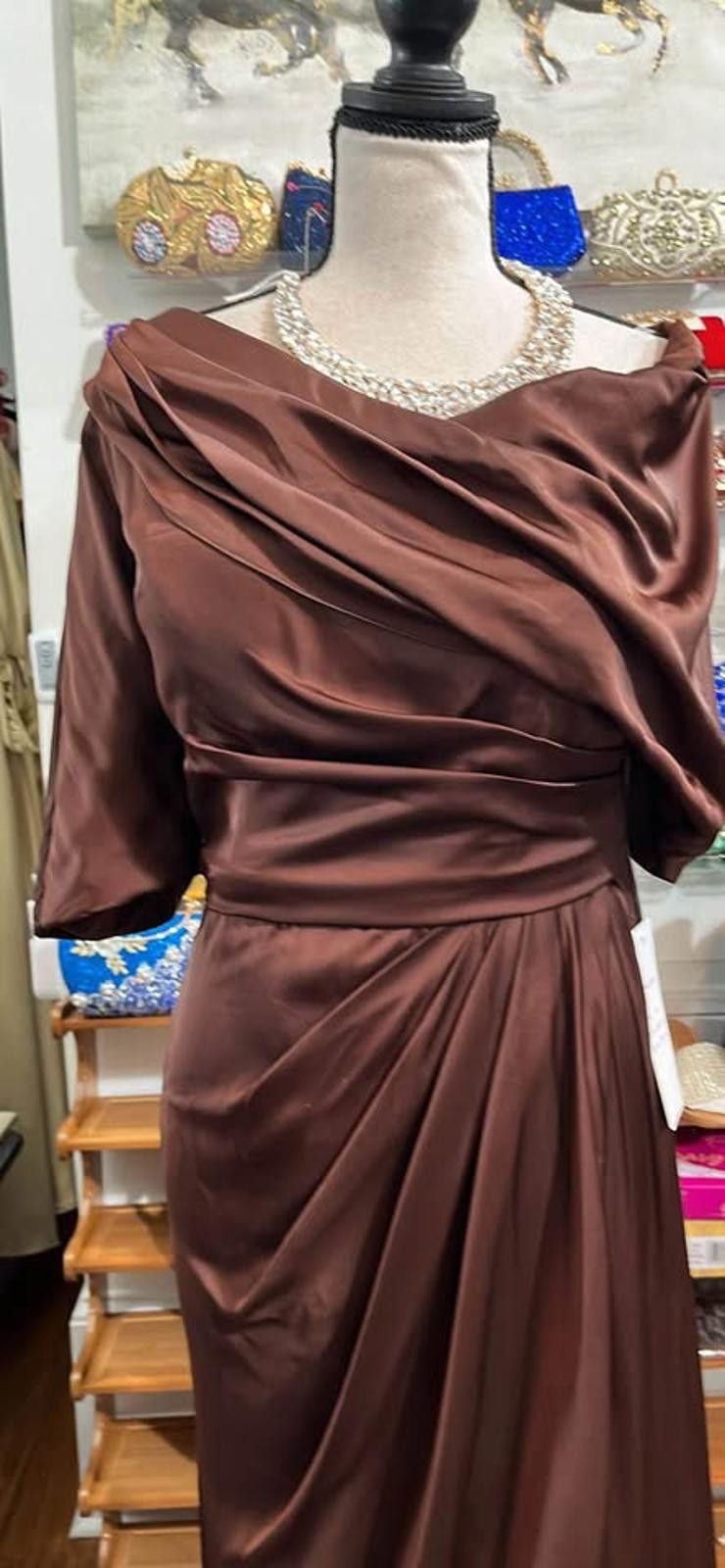 Sz 12 dreamy melted chocolate satin gown with arm coverage
