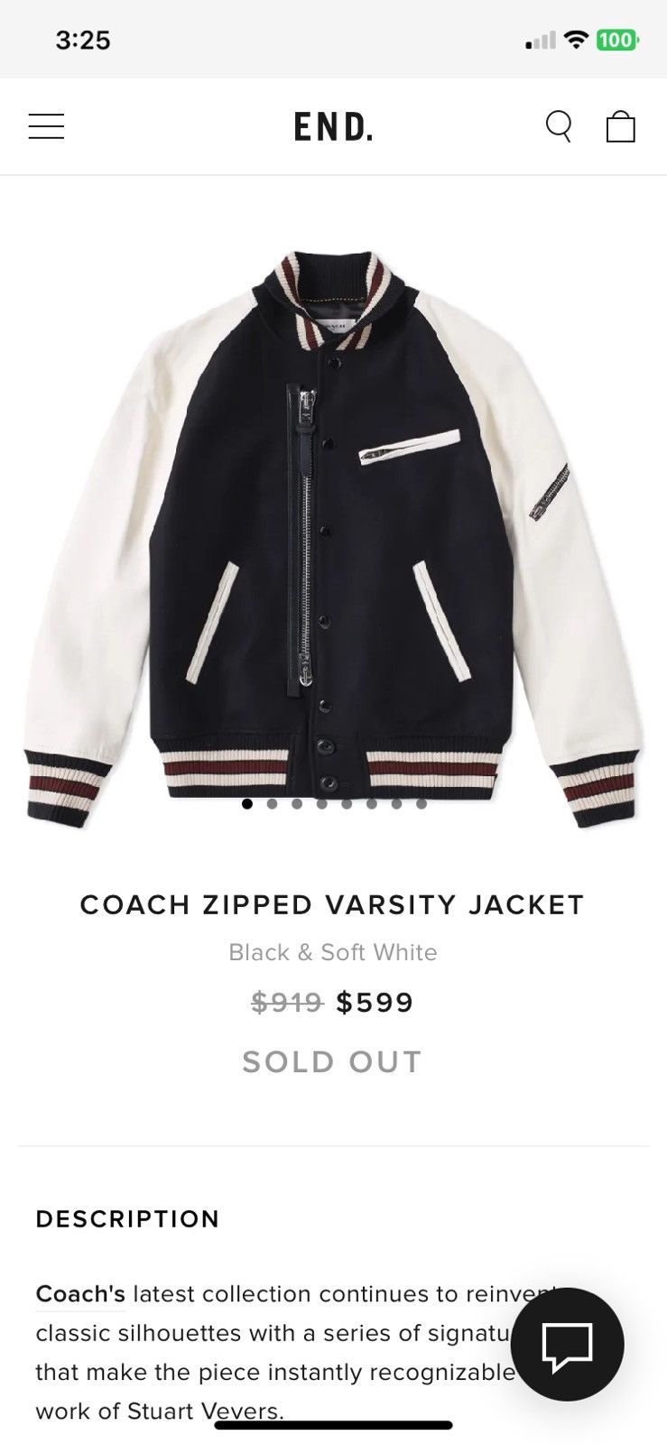 Coach COACH Zipped Varsity Jacket Black/White 38US/48EU NEW W/TAGS Size US M / EU 48-50 / 2 - 23 Thumbnail