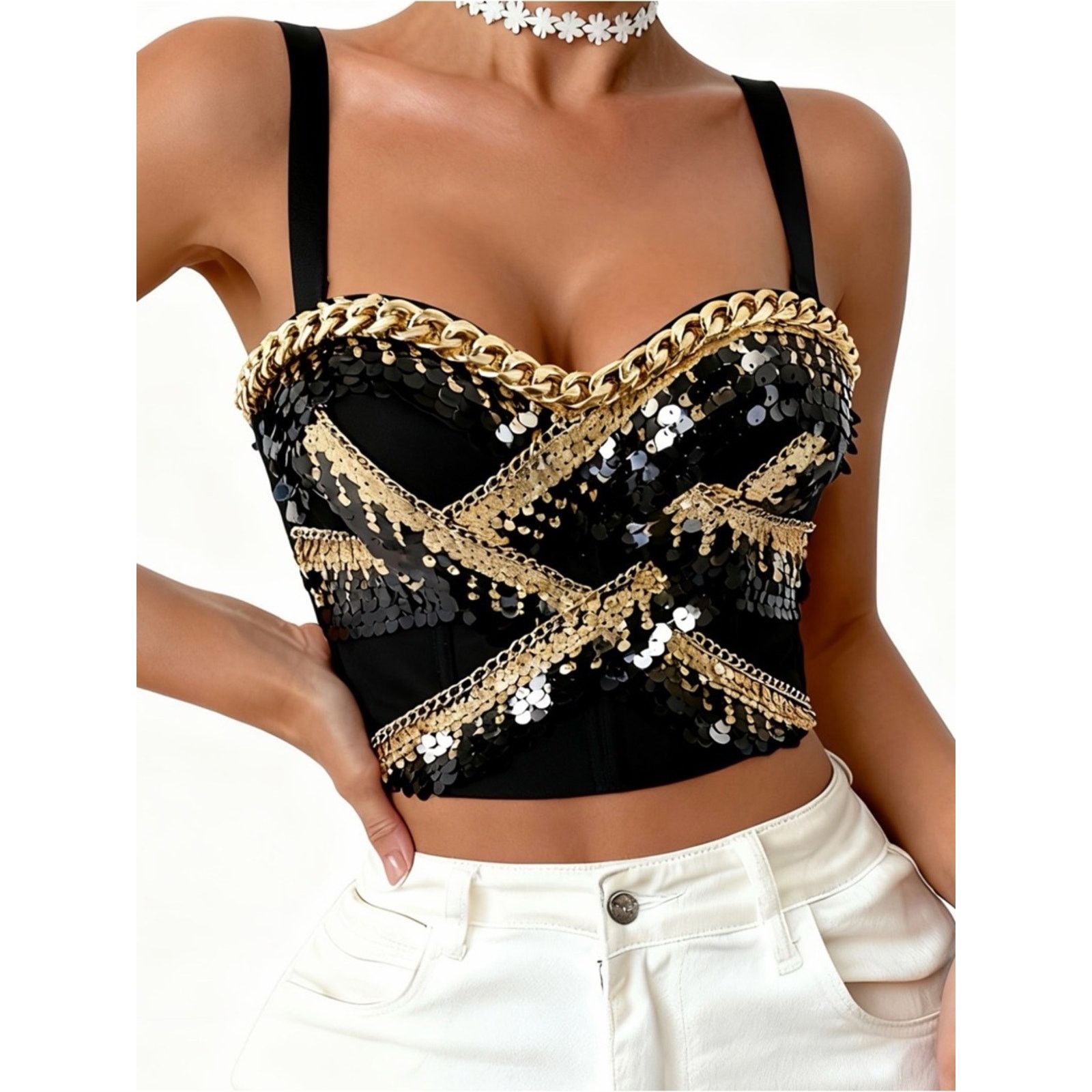 Other New Y2K Glam Black and Gold Sequin Bustier Crop Top size S Size S / US 4 / IT 40 - 2 Thumbnail