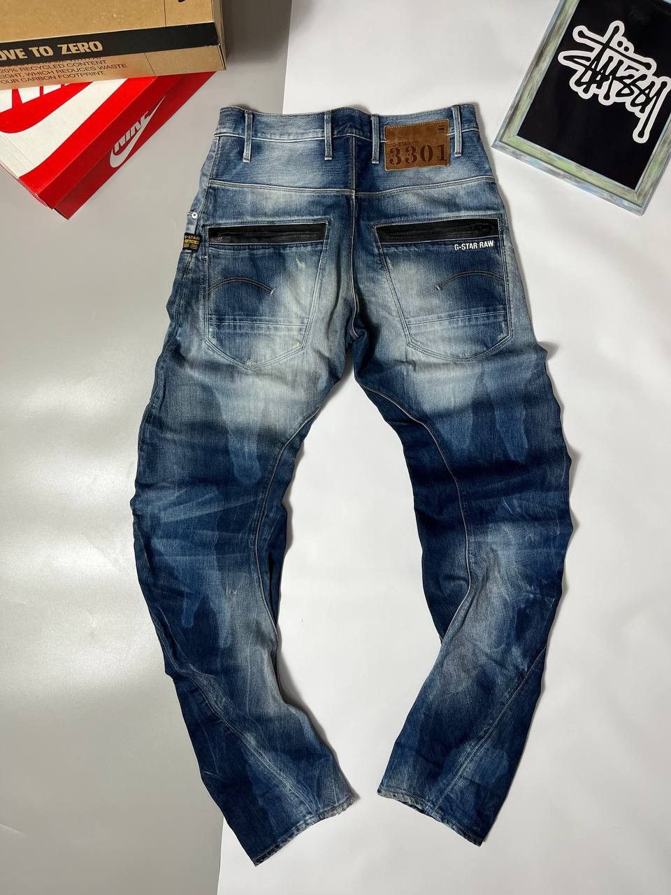 G-Star G Star Raw 3301 Denim Jeans Mens 31x34 Blue Distressed Moto Size US 31 - 2 Thumbnail