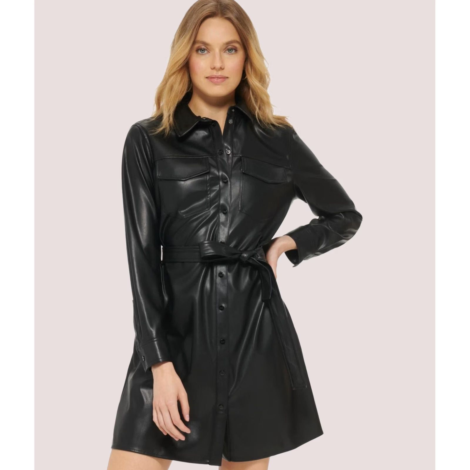 DKNY DKNY Womens Belted Mini Dress, black, L Size L / US 10 / IT 46 - 1 Thumbnail