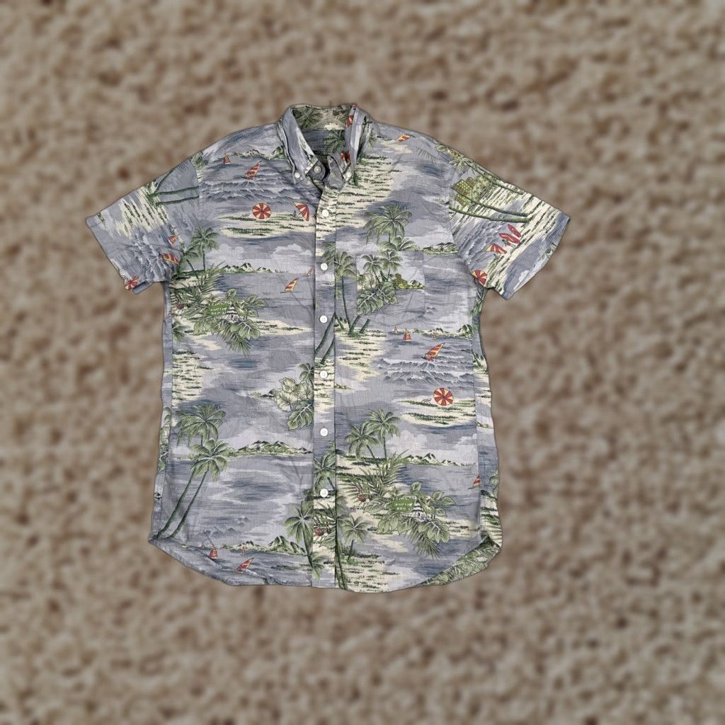 J.Crew J.Crew Shirt Men Medium Gray Green Palm Sailboat Hawaiian 100% Cotton Slim Size US M / EU 48-50 / 2 - 1 Thumbnail
