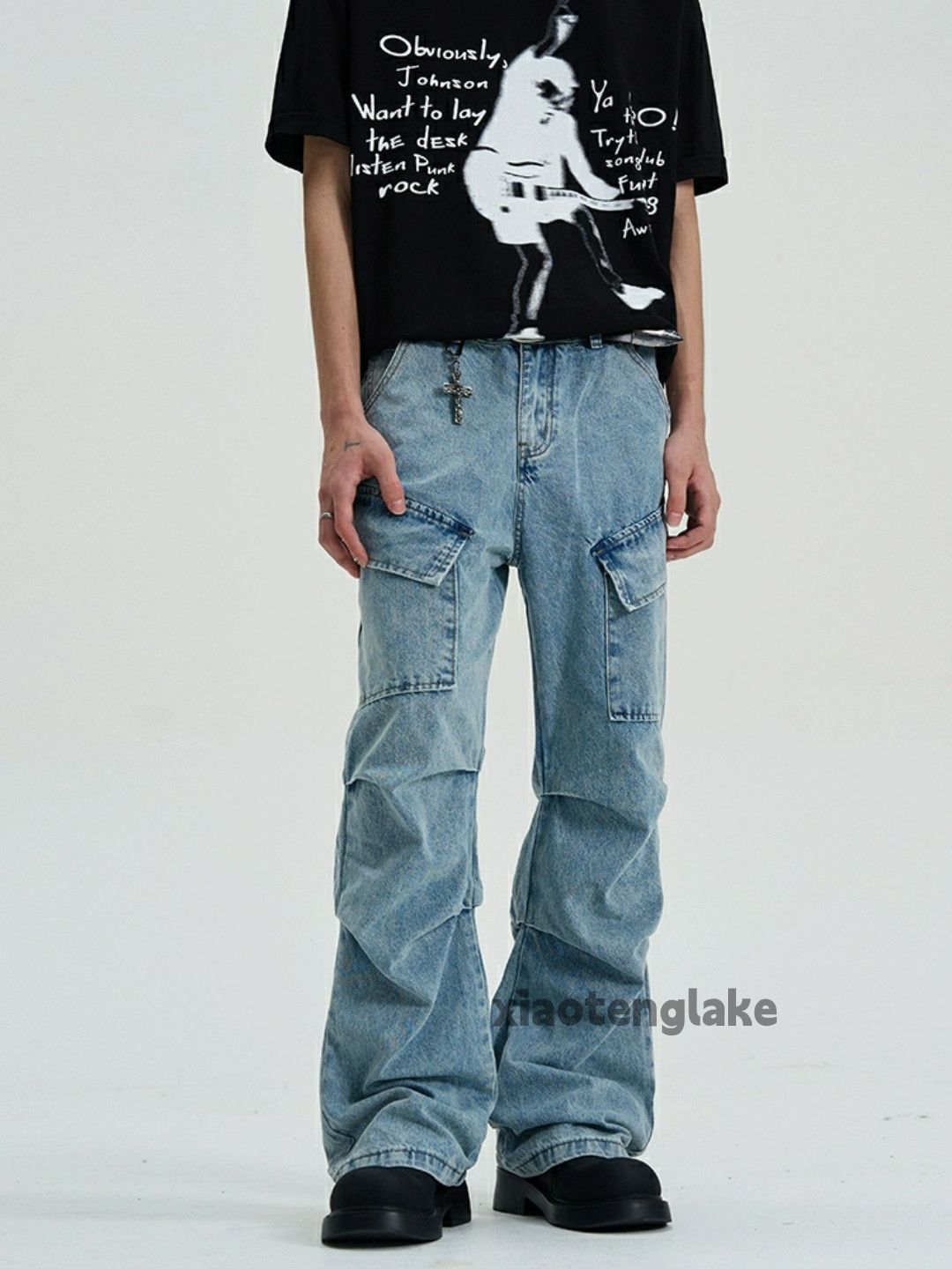 Jean × Vintage washed faded pleated skate hiphop punk cargo flared jeans Size US 30 / EU 46 - 2 Thumbnail