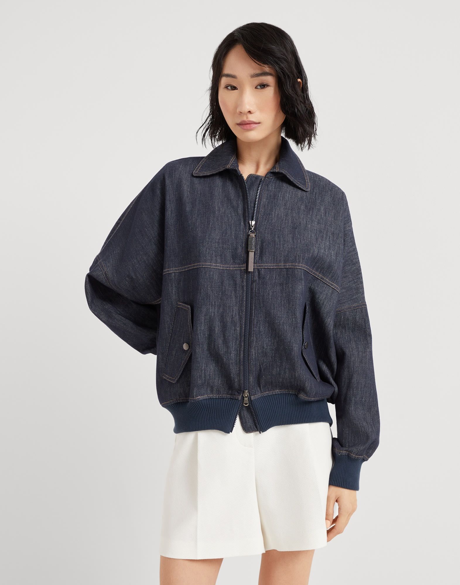 Brunello Cucinelli o1la1rc1a0326 Denim-Effect Twill Bomber jacket in Blue Size XL / US 12-14 / IT 48-50 - 1 Thumbnail