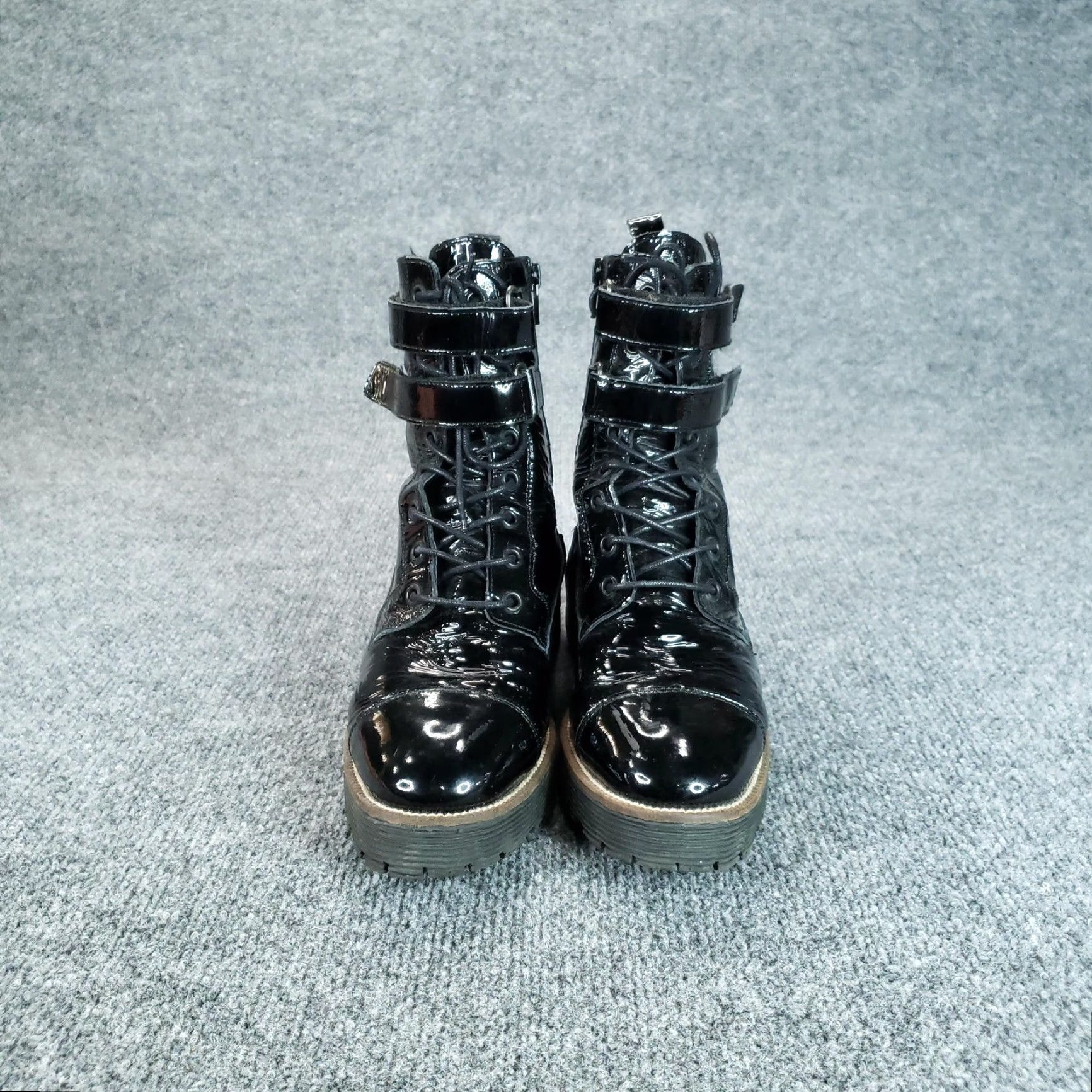 Vintage Shellys London Combat Boots Womens 7.5 Black Patent Leather Lug Sole Mid-Calf Size US 8 / IT 38 - 2 Thumbnail