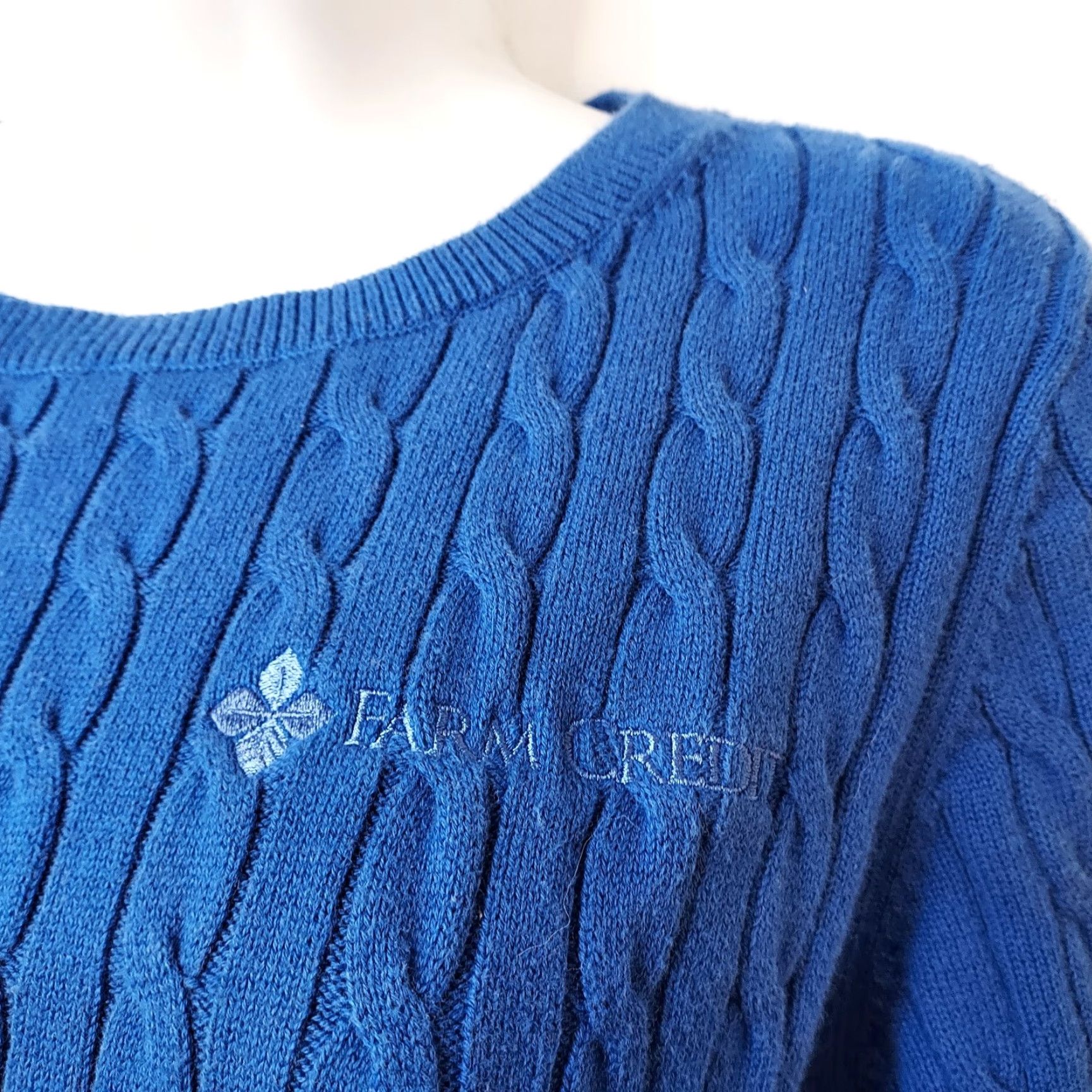 Lands' End Lands' End Sweater Blue Cable-Knit Long Sleeve Shirt Womens Size L Farm Credit Logo Embroidered Pullover Casual Knit Cotton Blend Regular Size L / US 10 / IT 46 - 3 Thumbnail