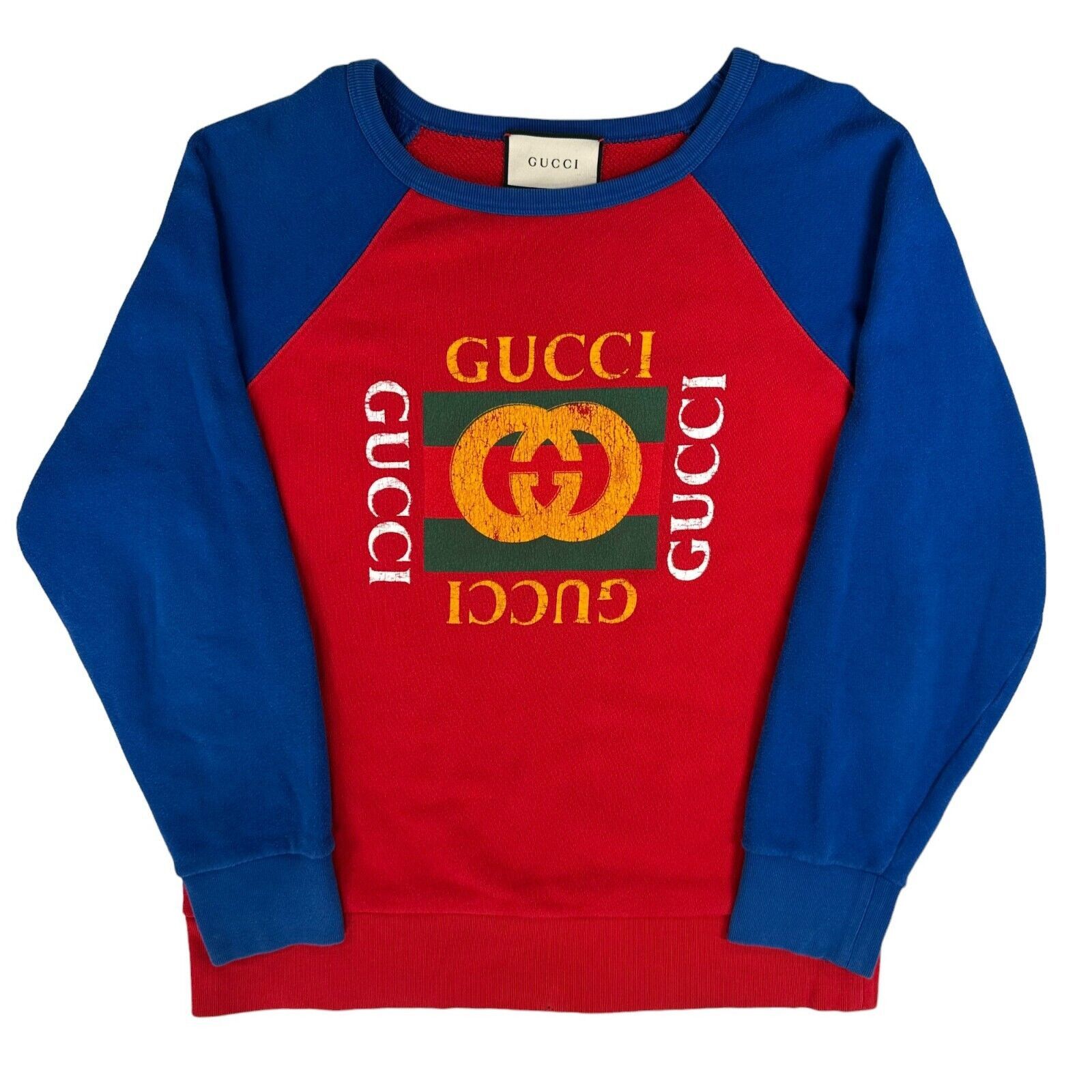 Gucci Size S Sweatshirt Red Blue Cotton Jersey Logo Print